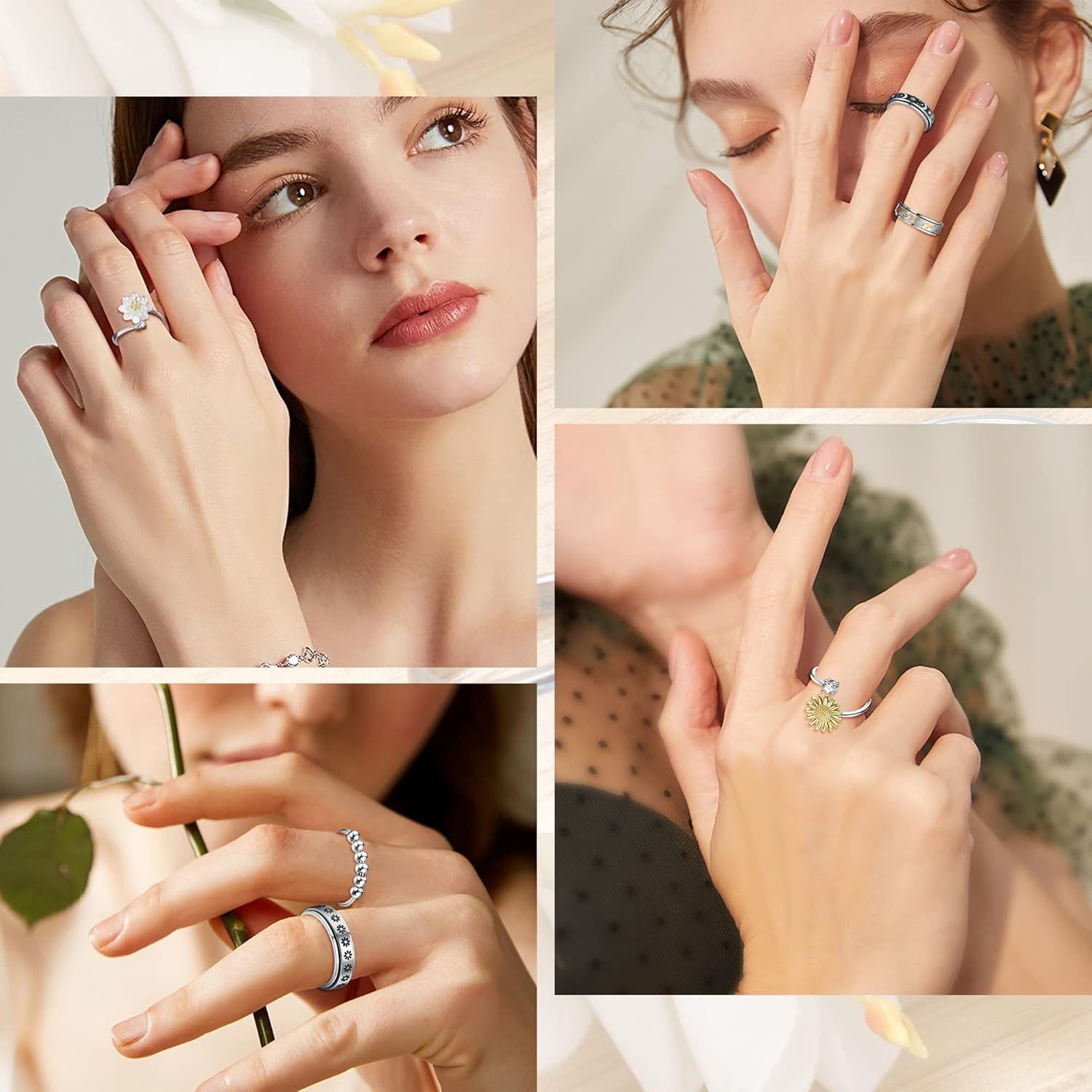 6pcs 316L Stainless Steel Spinner Rings Fidget Rings for Anxiety for Men Anti Anxiety Ring with Beads Sunflower Moon Star Stress Relieving Rings Set, for Teenager