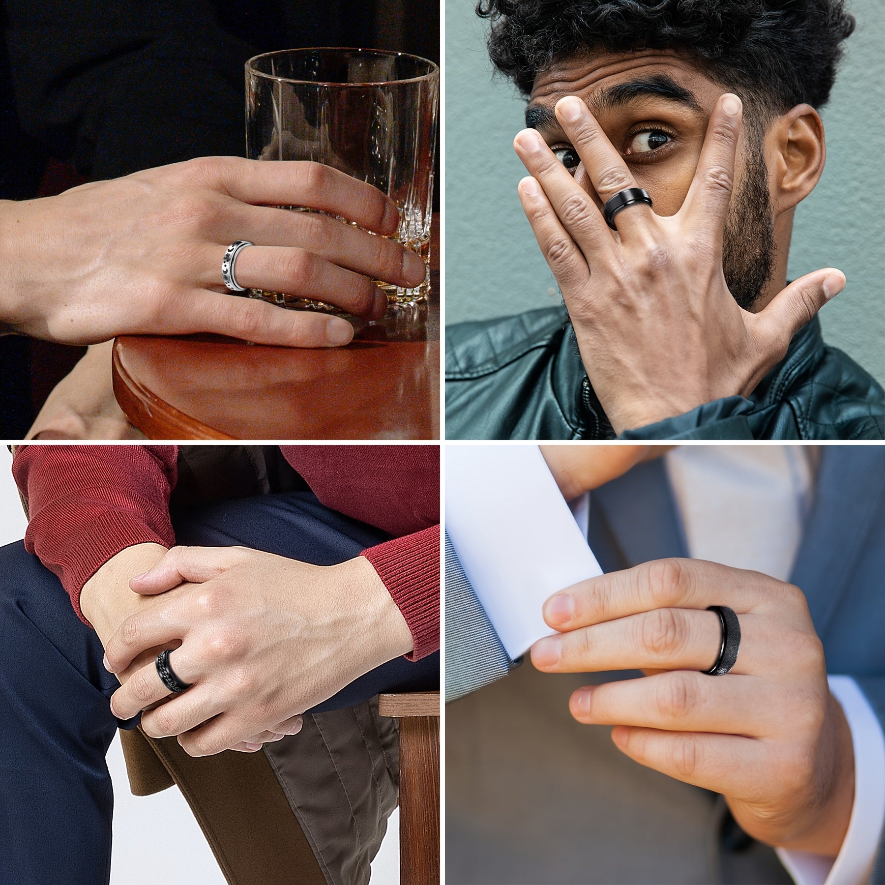 6pcs Men'S Wedding Ring Black Cool Universal Wheel Stainless Steel Anxiety Ring Set