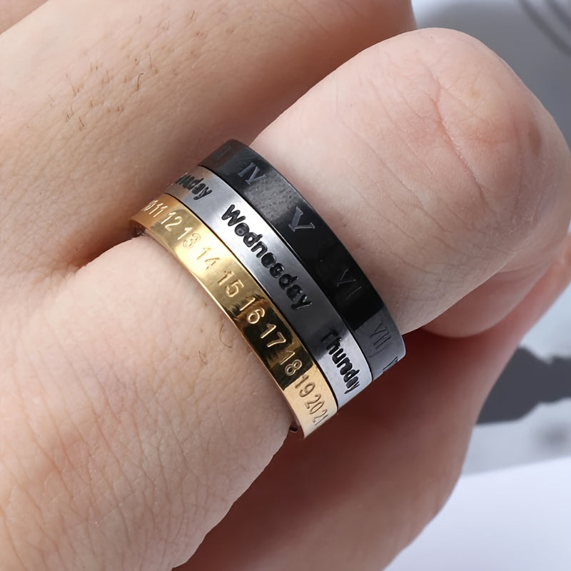 1 Titanium 304L Stainless Steel Punk Style Rotatable Date Time Calendar Ring with Roman Numerals - Black and Golden Anxiety Decompression Jewelry, Men'S Casual Dress and Holiday Gifts (Christmas, Thanksgiving, Carnival)