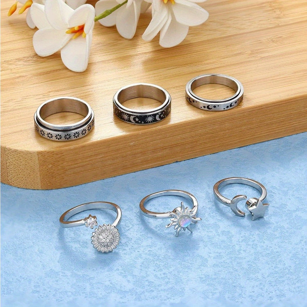 6pcs 316L Stainless Steel Spinner Rings Fidget Rings for Anxiety Teenager Teenager Anti Anxiety Ring with Beads Sunflower Moon Star Stress Relieving Rings Set, For Teenager