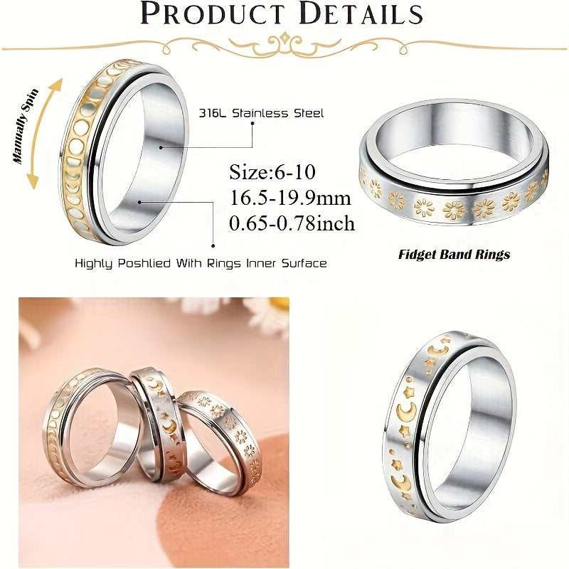 [Golden Fidget Spinner Rings] 3pcs Golden Fidget Spinner Rings for Women | 316L Stainless Steel Flower Moon Star Band Rings Set - Relieving Anxiety Spinner Band Rings