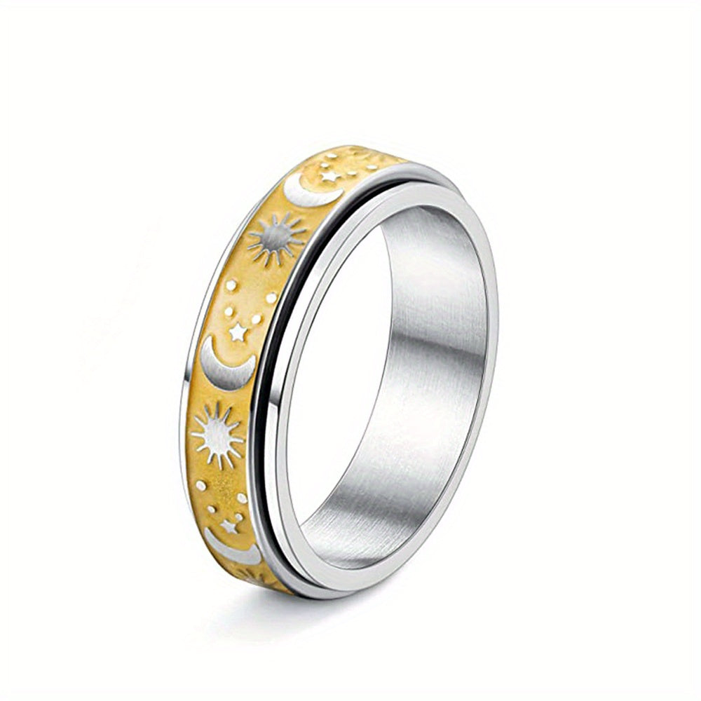 1pc Stainless Steel Rotatable Couple Ring - Vintage Celestial Design with Sun & Moon Phases, Black & Golden Tone Interlocking Bands, Unisex Jewelry Gift for Anniversary, Graduation, Summer Daily Wear, Celestial Jewelry, Anniversary Present, Minimalist