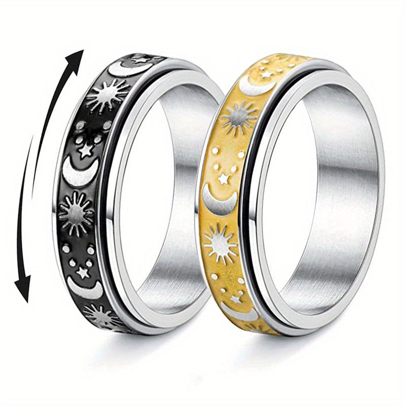 1pc Stainless Steel Rotatable Couple Ring - Vintage Celestial Design with Sun & Moon Phases, Black & Golden Tone Interlocking Bands, Unisex Jewelry Gift for Anniversary, Graduation, Summer Daily Wear, Celestial Jewelry, Anniversary Present, Minimalist