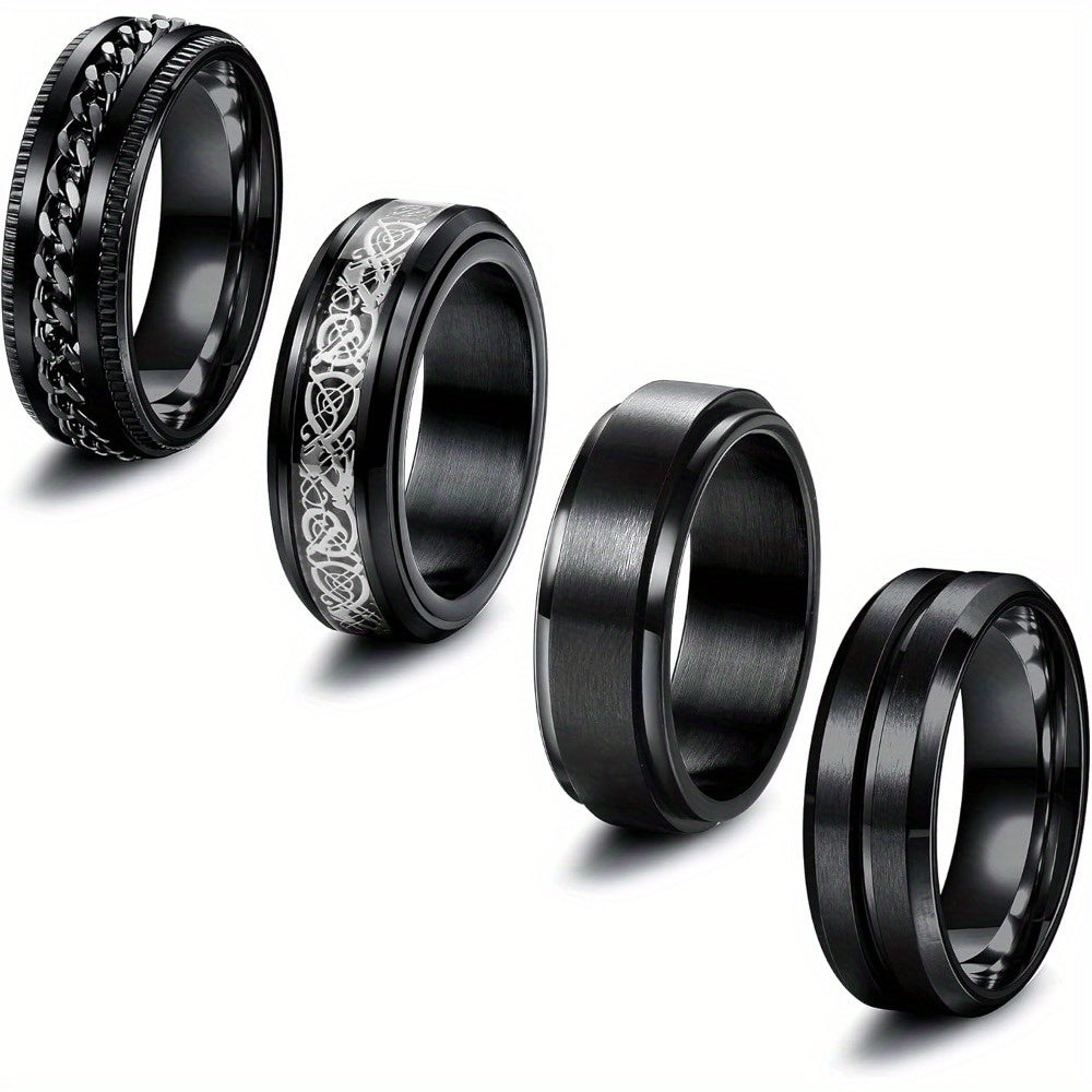 4pcs Black Spinner Rings for Men Women Fidget Rings Cool Mens Rings 316L Stainless Steel Stress Anxiety Relieving Rings Fashion Wide Wedding Promise Band Ring Set