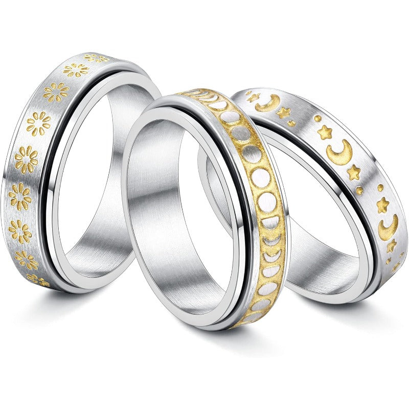 [Golden Fidget Spinner Rings] 3pcs Golden Fidget Spinner Rings for Women | 316L Stainless Steel Flower Moon Star Band Rings Set - Relieving Anxiety Spinner Band Rings