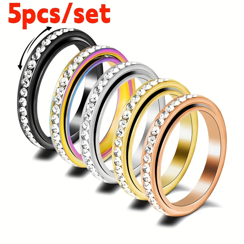 5pcs/set Women'S Fashionable Decompression Rotating Stainless Steel Ring, Rotatable, Decompression, Meditation Ring, Suitable for Daily Wear, Banquets, Parties, Festivals, Birthdays, Weddings, Anniversaries, Gifts, Souvenirs, Z Modern T, R Jewelry Rotary