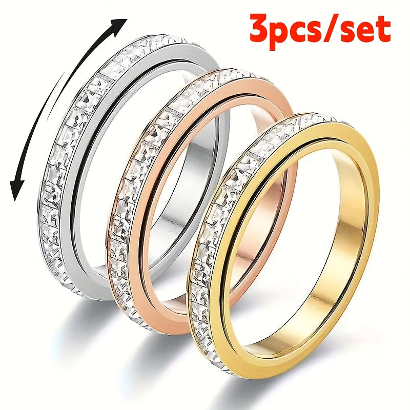3pcs/set Women's Fashionable Decompression Rotating Stainless Steel Ring, Rotatable, Decompression, Meditation Ring, Suitable for Daily Wear, Banquets, Parties, Festivals, Birthdays, Weddings, Anniversaries, Gifts, Souvenirs, High Quality Rings for Women,