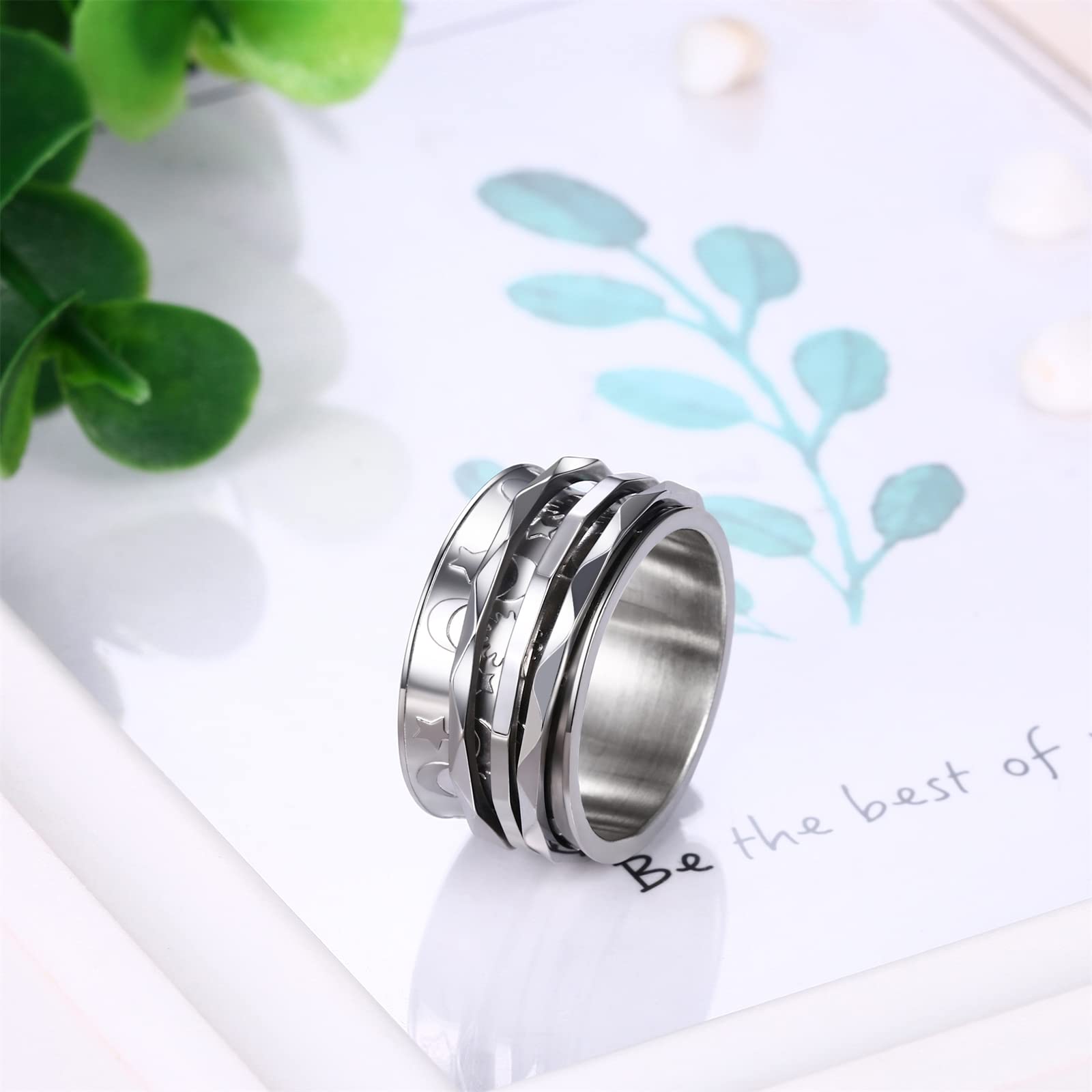 JewelryWe Retro Fidget Spinner Ring Womens Moon and Star Pattern Rotatable Stainless Steel Ring Bands