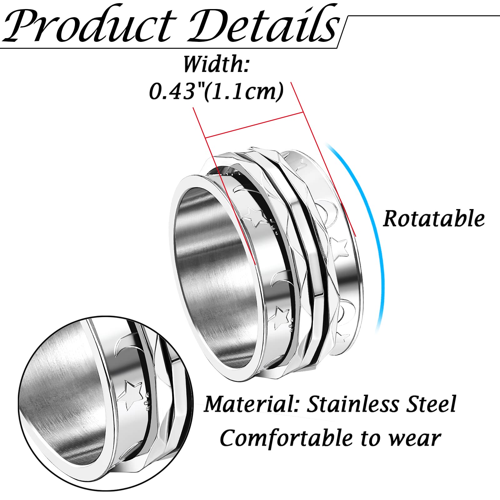 JewelryWe Retro Fidget Spinner Ring Womens Moon and Star Pattern Rotatable Stainless Steel Ring Bands