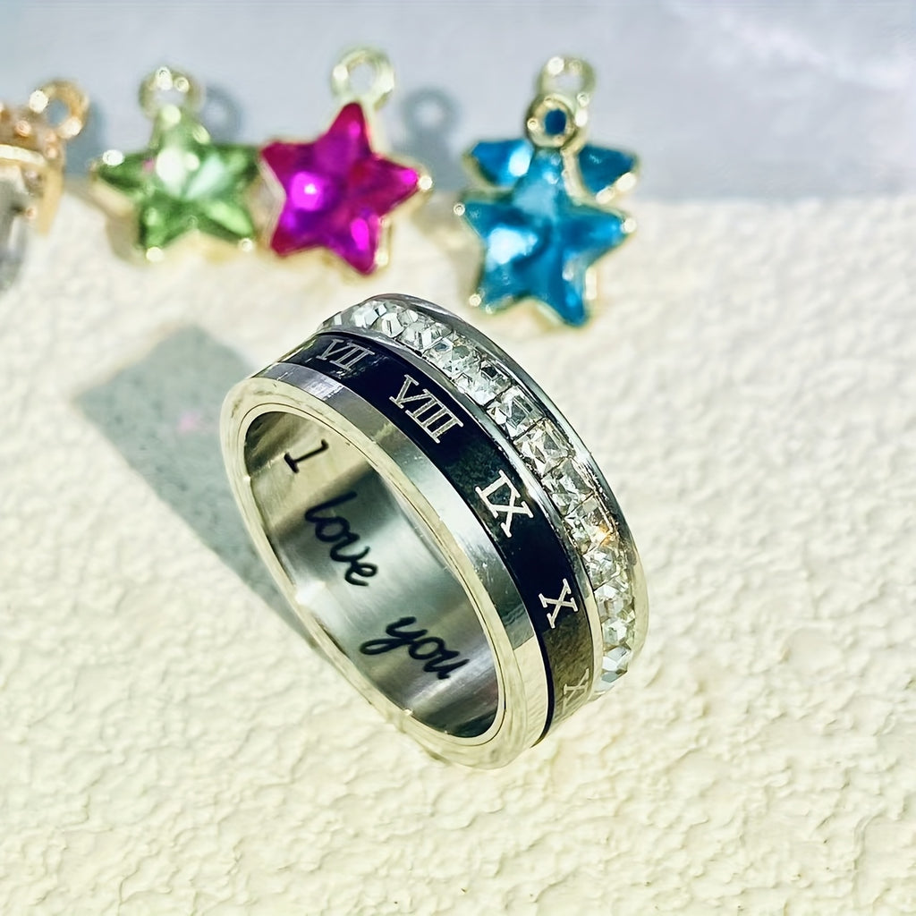Personalized Anniversary, Wedding, Birthday Ring - Custom Roman Numeral (VI/IX/ XII), Engraved Name & Date, Rotatable Band - Durable Stainless Steel Jewelry Gift for Women/Men - Elegant Graduation, Valentine's, Christmas Present - Affordable Luxury