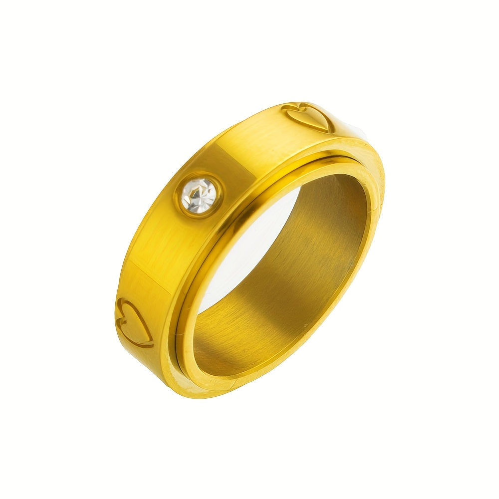 1 Simple Style Rotatable Heart-Inlaid Synthetic Zirconia 304 Stainless Steel Ring, Suitable for All Seasons Gift, for Teenager