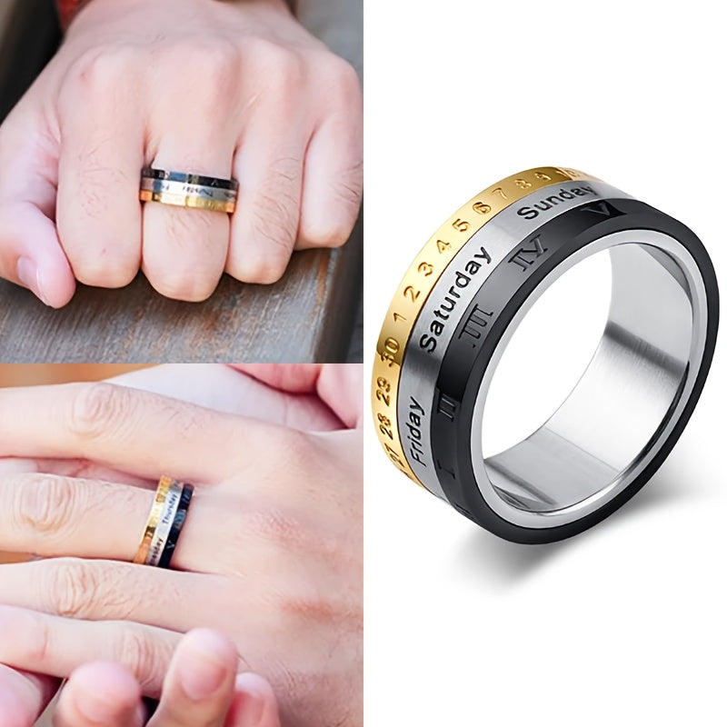 1 Titanium 304L Stainless Steel Punk Style Rotatable Date Time Calendar Ring with Roman Numerals - Black and Golden Anxiety Decompression Jewelry, Men'S Casual Dress and Holiday Gifts (Christmas, Thanksgiving, Carnival)
