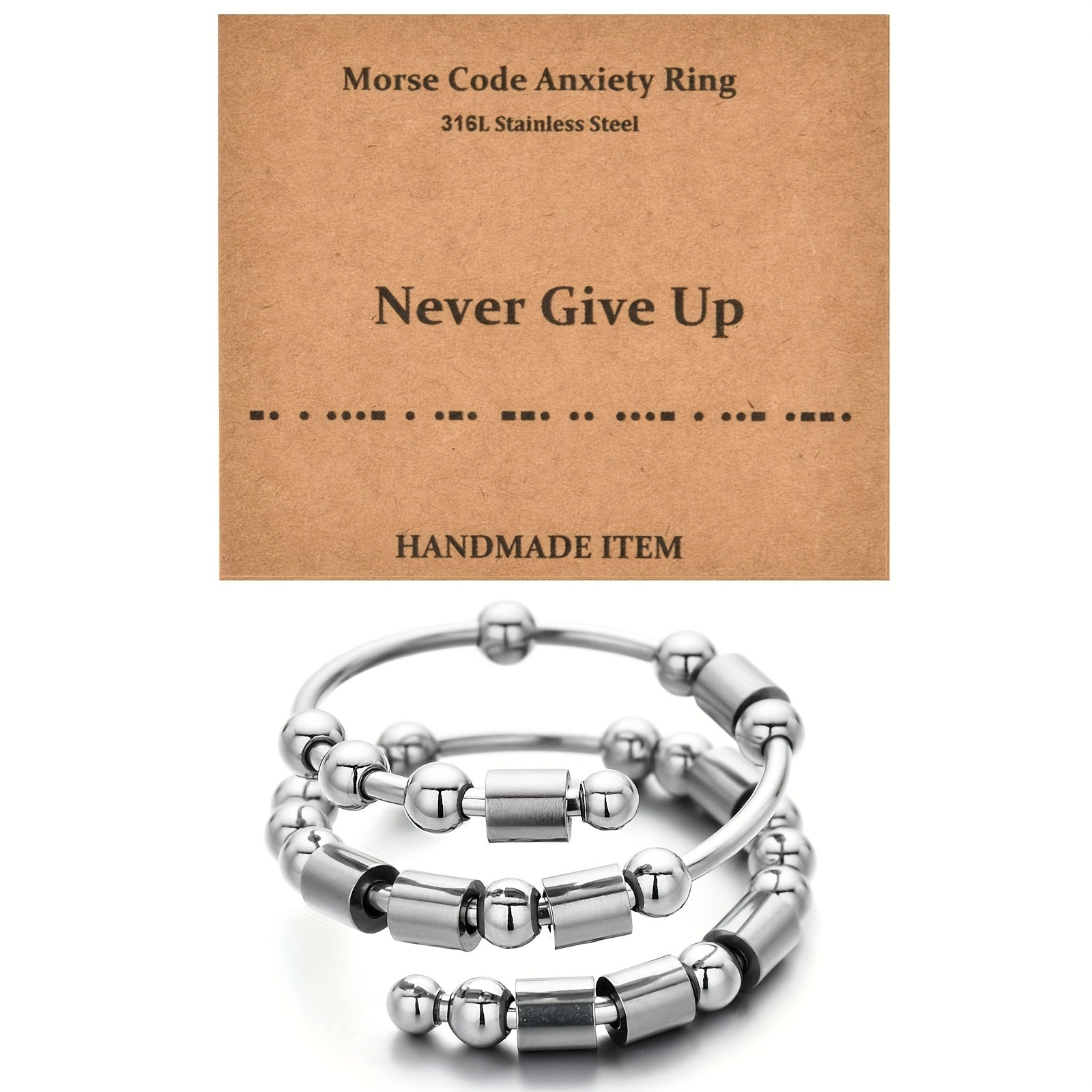 OIDEA Morse Code Ring: Never Give Up Ring With Rotating Stainless Steel Beads, Adjustable Open Ring, Fun Motivational Gift