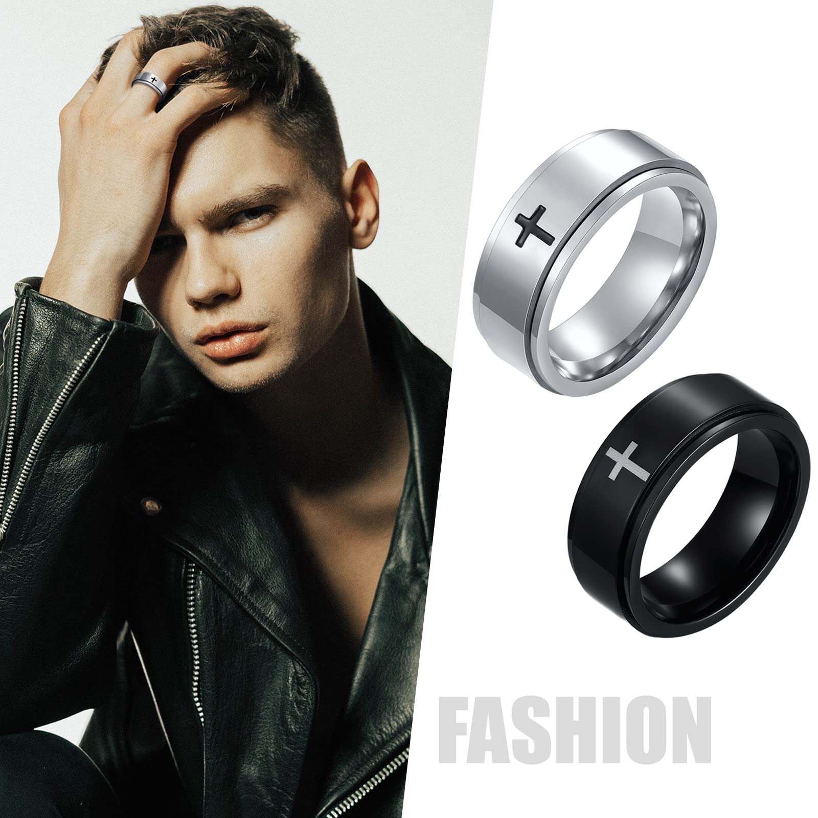 JewelryWe 2pcs Spinner Rings for Men Anxiety Stress Relieving Fidget Ring Stainless Steel Cross Wedding Promise Band, Size 7-12, Focus Aid, Calming Jewelry, Stylish Band, Minimalist Ring, Polished Finish, Durable Jewelry, Men's Ring, Men's Fashion,