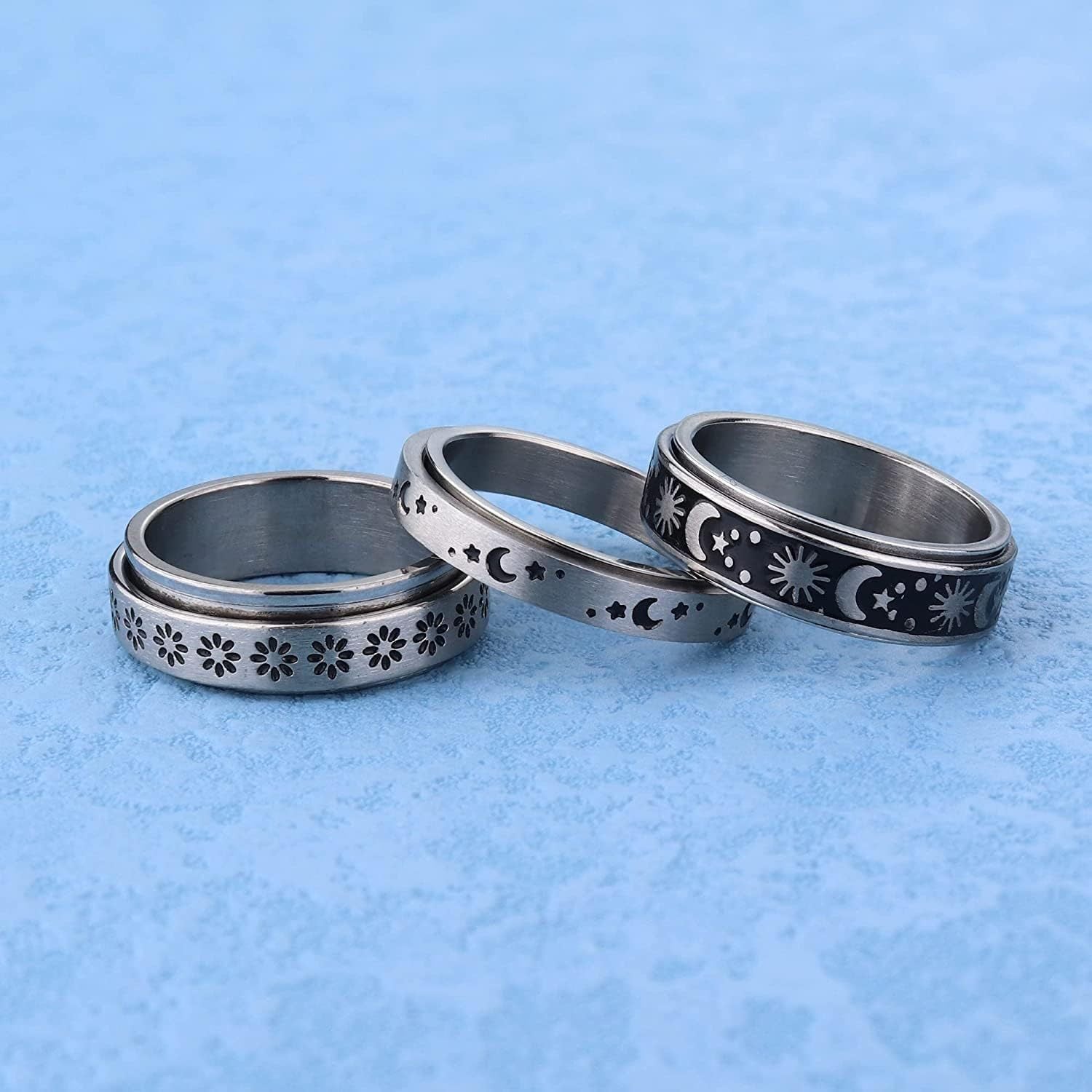 6pcs 316L Stainless Steel Spinner Rings Fidget Rings for Anxiety Teenager Teenager Anti Anxiety Ring with Beads Sunflower Moon Star Stress Relieving Rings Set, For Teenager