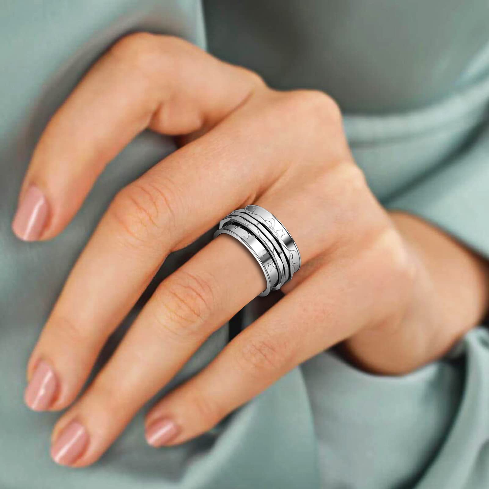 JewelryWe Retro Fidget Spinner Ring Womens Moon and Star Pattern Rotatable Stainless Steel Ring Bands