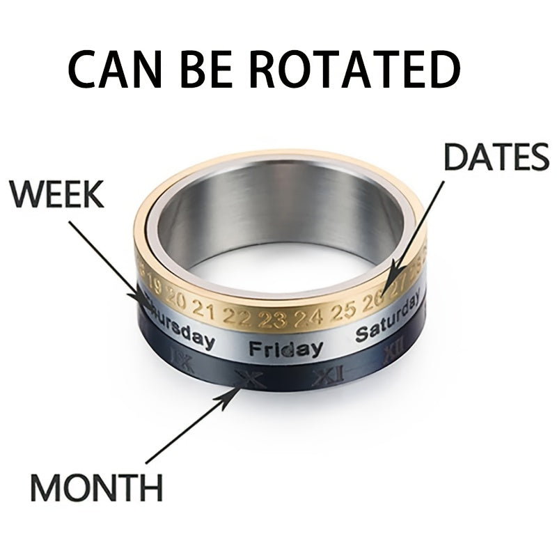 1 Titanium 304L Stainless Steel Punk Style Rotatable Date Time Calendar Ring with Roman Numerals - Black and Golden Anxiety Decompression Jewelry, Men'S Casual Dress and Holiday Gifts (Christmas, Thanksgiving, Carnival)
