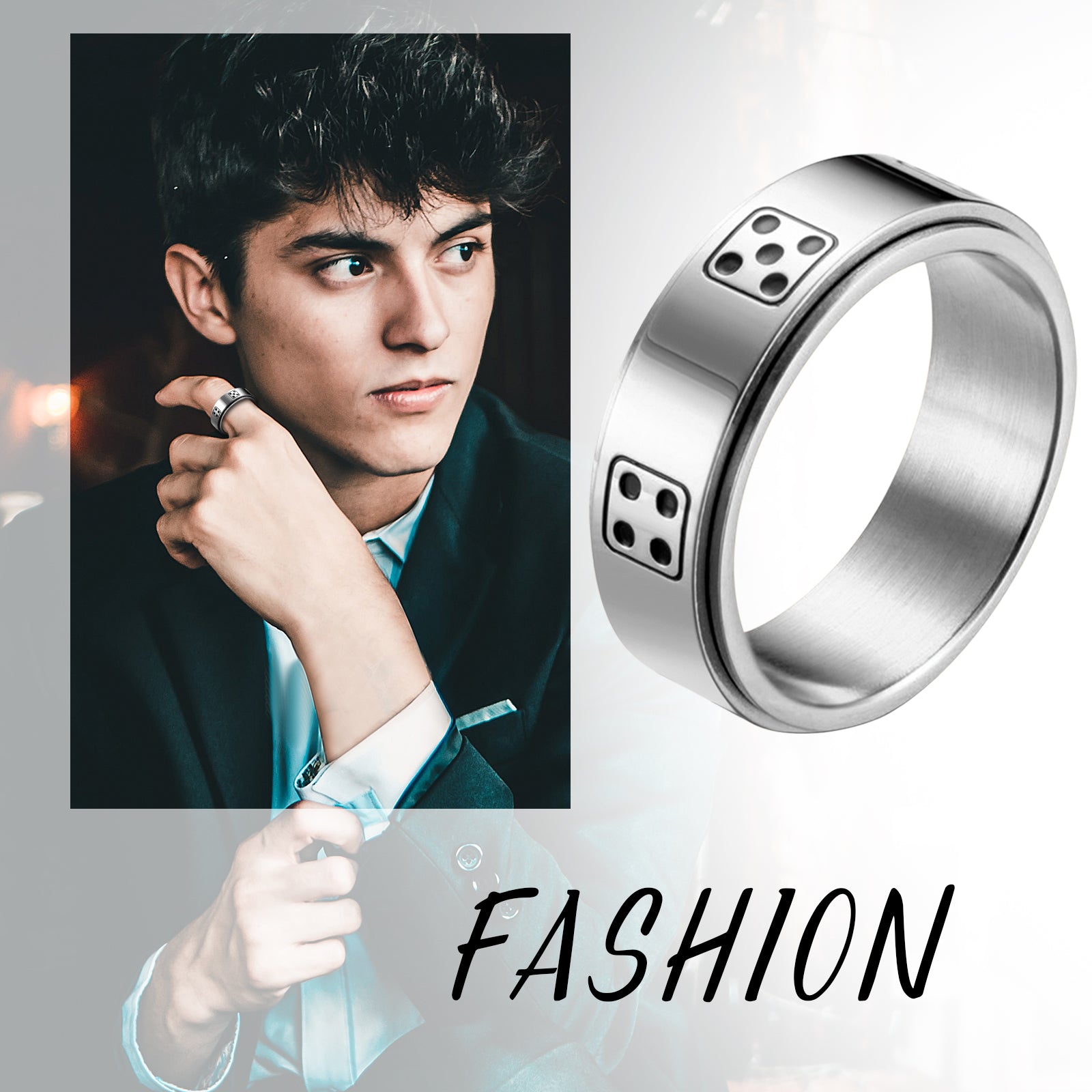 JewelryWe 8mm Spinner Ring Stainless Steel Lucky Retro Dice Pattern Rotatable Ring Men Women Anxiety Rings, Focus Aid Jewelry, Fidget Ring, Modern Fidget Ring, Stylish Spinner, Durable Jewelry, Highquality Metal Ring, Spinning Ring, Fidget Ring for
