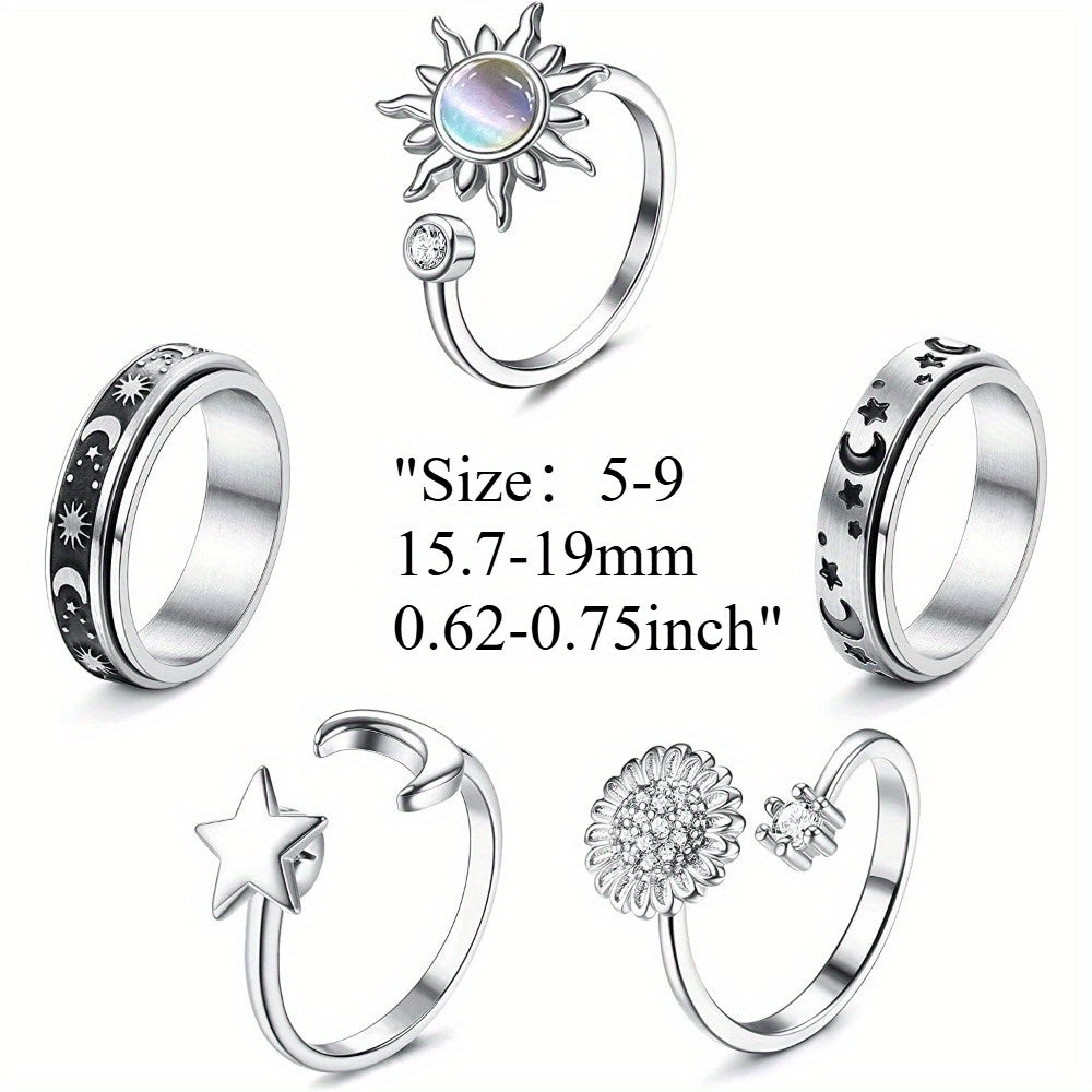 6pcs 316L Stainless Steel Spinner Rings Fidget Rings for Anxiety Teenager Teenager Anti Anxiety Ring with Beads Sunflower Moon Star Stress Relieving Rings Set, For Teenager