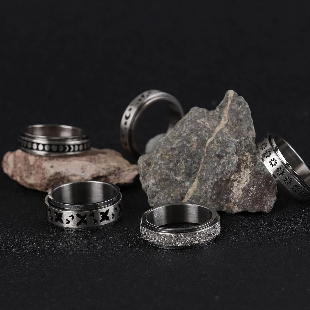 5pcs Stainless Steel Spinner Rings for Women and Men - Fidget Rings with Flower, Moon, Star, Butterfly Designs - Jewelry for Festivals, Parties, and Casual Attire, Cute Ring