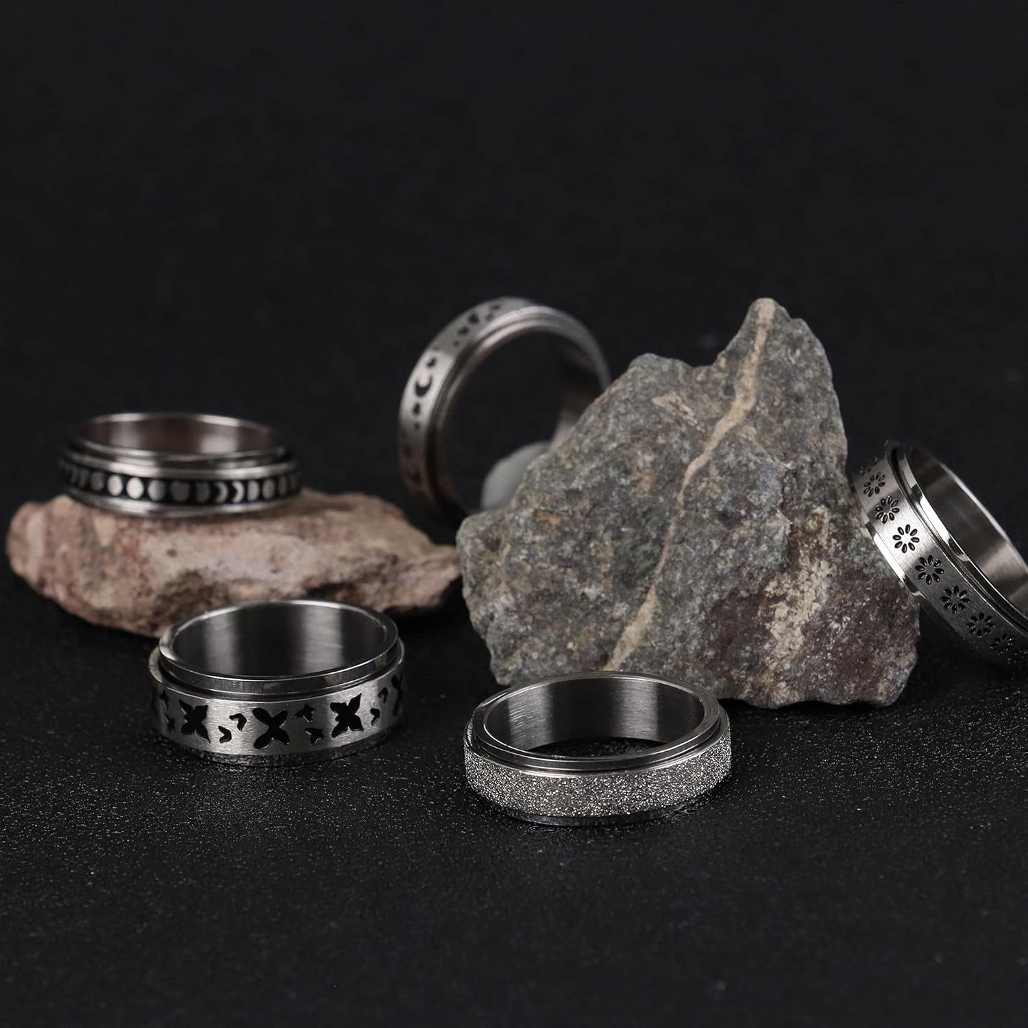 5pcs Stainless Steel Spinner Rings for Women and Men - Fidget Rings with Flower, Moon, Star, Butterfly Designs - Jewelry for Festivals, Parties, and Casual Attire, Cute Ring