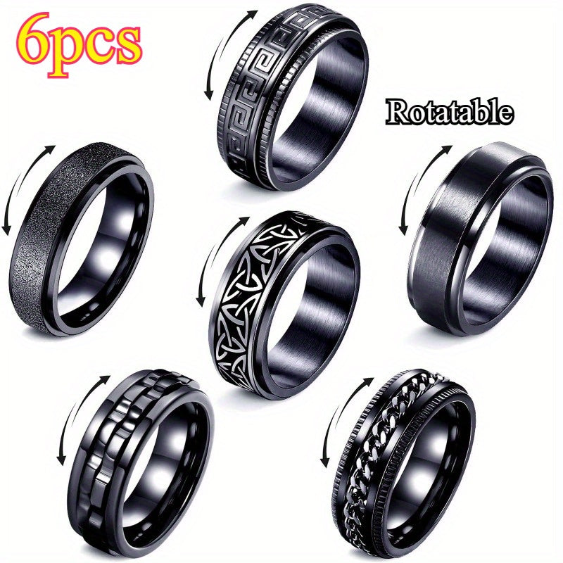 6pcs Fashionable, Simple, Creative and Rotatable Stainless Steel Ring Sets. Novelty Stress-Relieving Rock Style, Street Hip-Hop Trend, Casual Party and Banquet Accessories. The Best Choice for Festival Gifts