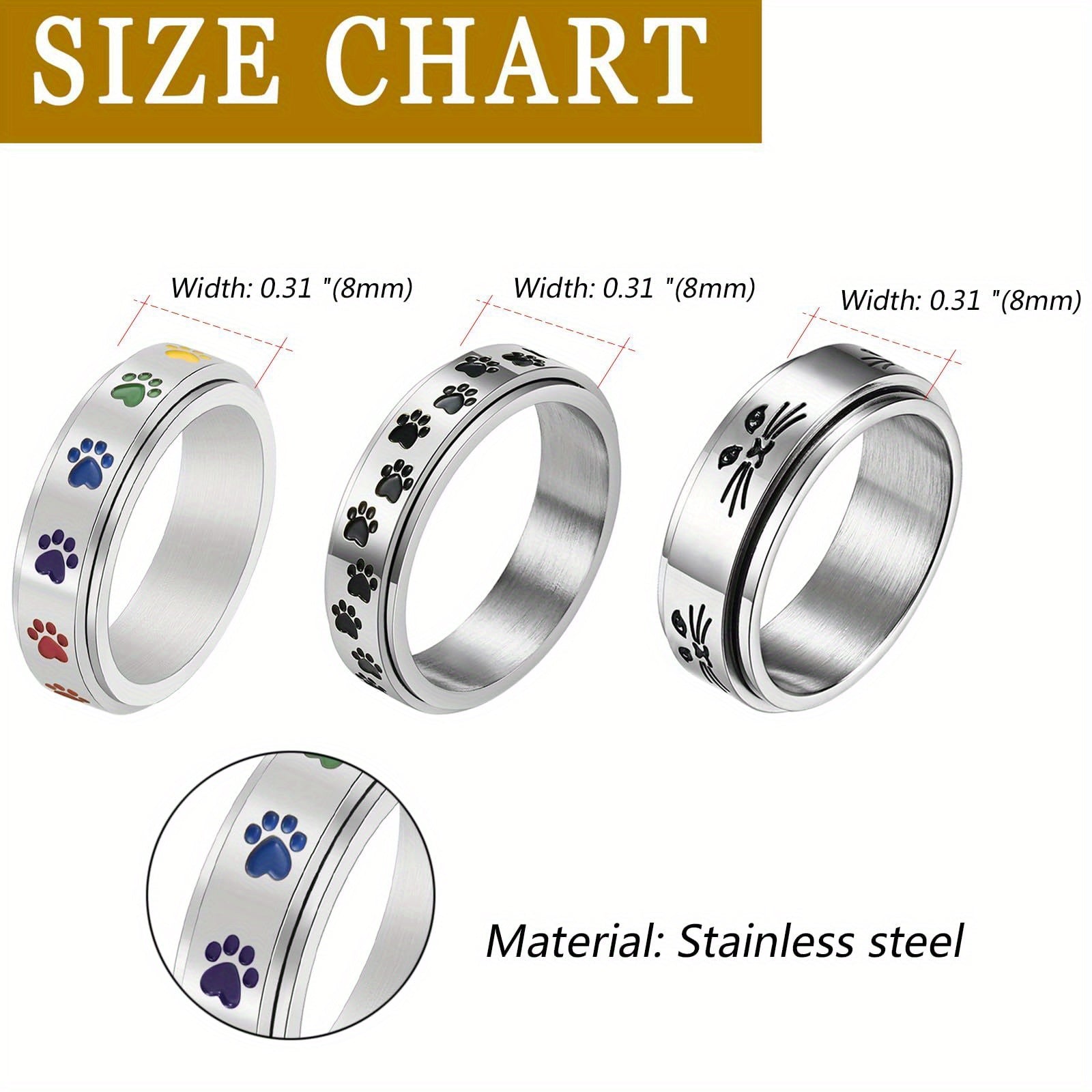 JewelryWe 3pcs Stainless Steel Spinner Ring Dog Pet Lover Paw Print Ring for Women Men Anxiety Relief Ring Dog Cat Paw Ring Pet Heart Gift for Friends Family