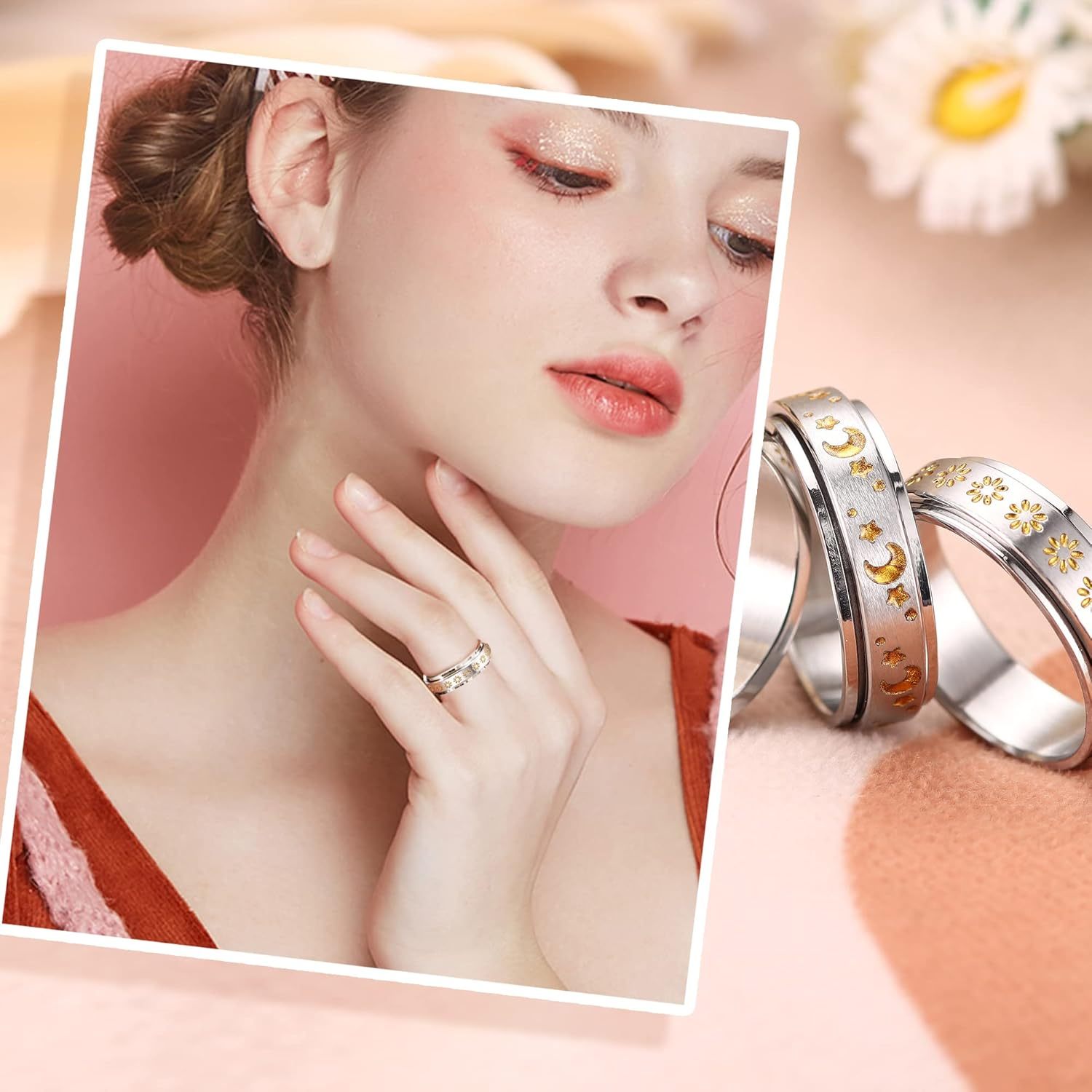 [Golden Fidget Spinner Rings] 3pcs Golden Fidget Spinner Rings for Women | 316L Stainless Steel Flower Moon Star Band Rings Set - Relieving Anxiety Spinner Band Rings