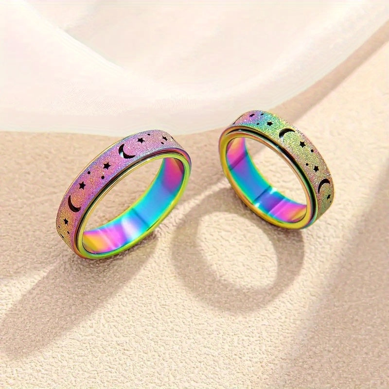 1 Elegant and Adorable Unisex Stainless Steel Ring, Rotatable Moon & Star Design in Multiple Colors – Perfect for Daily Wear, Parties, Valentine's Day, Anniversaries, and Weddings, Wedding Jewelry, Valentine's Day Gift, Stylish Accessory, Rotatable Ring,