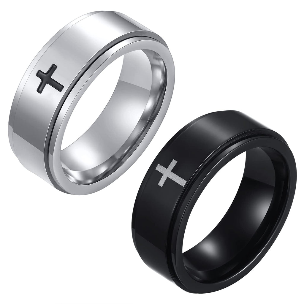 JewelryWe 2pcs Spinner Rings for Men Anxiety Stress Relieving Fidget Ring Stainless Steel Cross Wedding Promise Band, Size 7-12, Focus Aid, Calming Jewelry, Stylish Band, Minimalist Ring, Polished Finish, Durable Jewelry, Men's Ring, Men's Fashion,