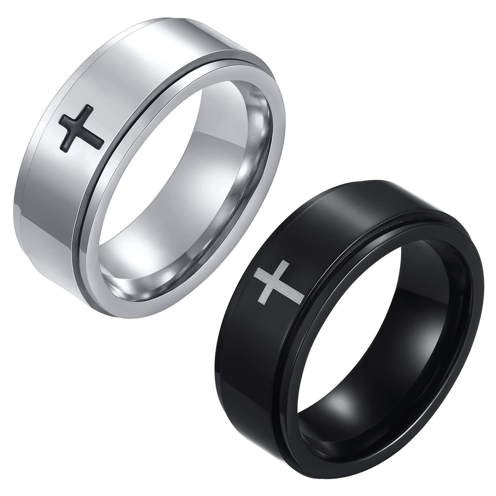 JewelryWe 2pcs Spinner Rings for Men Anxiety Stress Relieving Fidget Ring Stainless Steel Cross Wedding Promise Band, Size 7-12, Focus Aid, Calming Jewelry, Stylish Band, Minimalist Ring, Polished Finish, Durable Jewelry, Men's Ring, Men's Fashion,