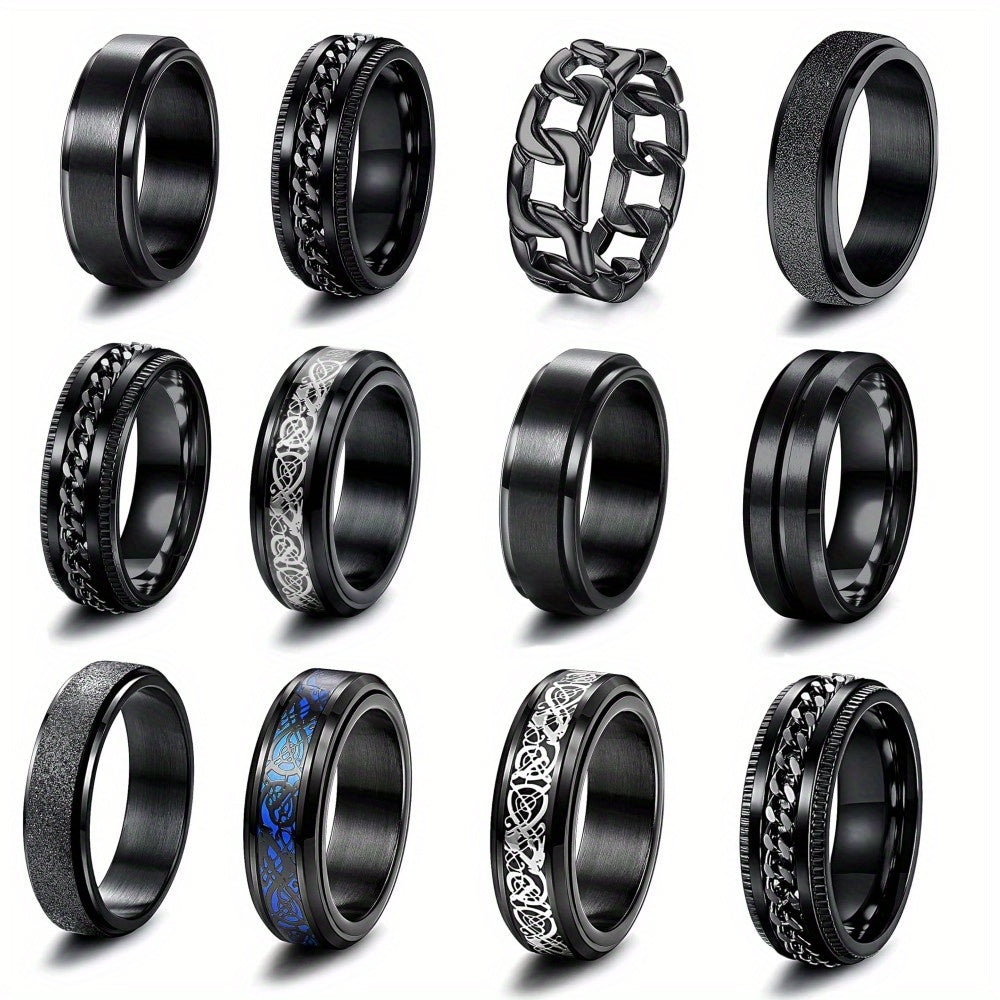4pcs Black Spinner Rings for Men Women Fidget Rings Cool Mens Rings 316L Stainless Steel Stress Anxiety Relieving Rings Fashion Wide Wedding Promise Band Ring Set