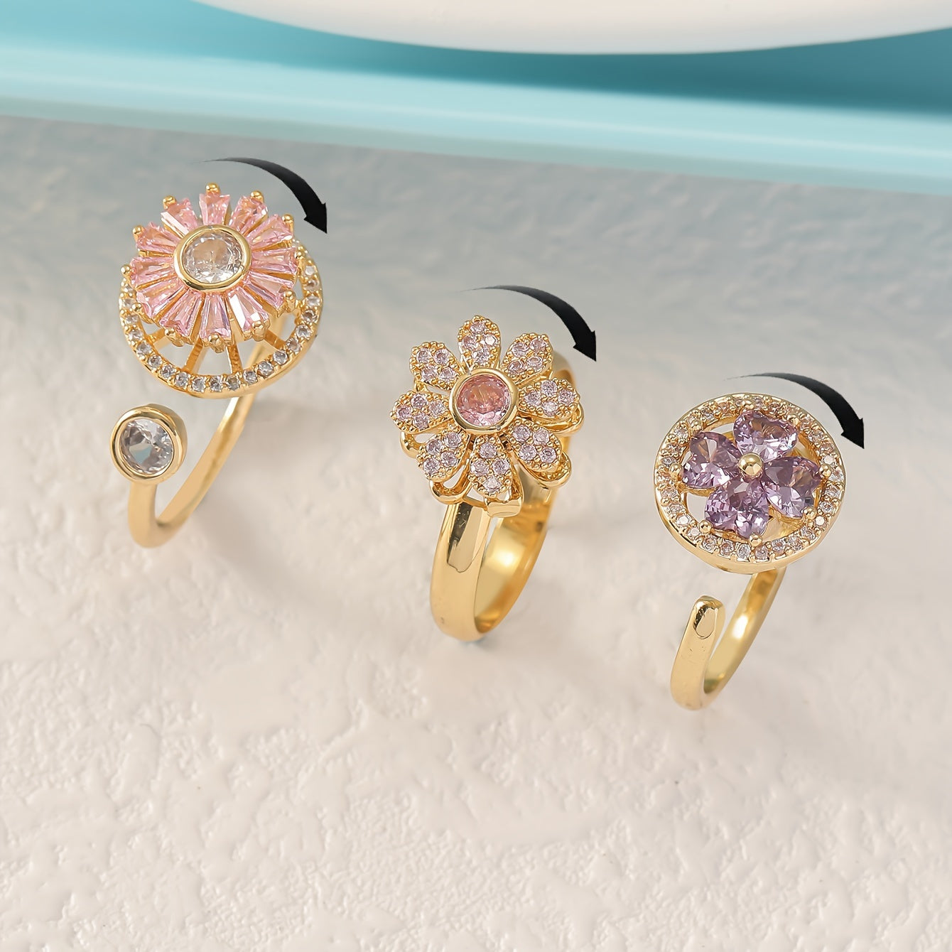 [Colorful Rotating Rings] 3pcs Colorful Rotating Rings Set with Micro Inlaid Synthetic Zirconia | Open Design, Handmade Accessories, Gifts for Friends, Girlfriends, and Couples