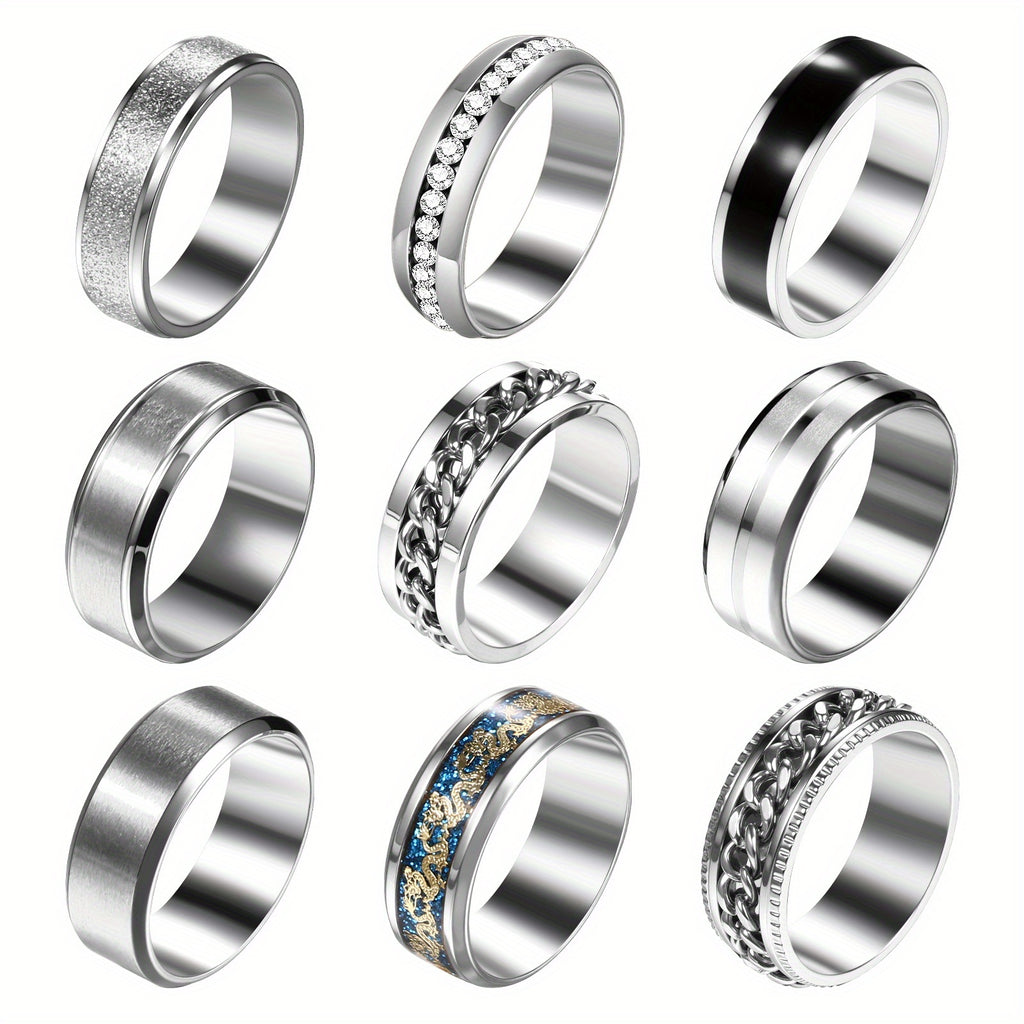 Men'S Stainless Steel Fidget Spinner Rings: Cool Rotating Ring Set - Black Omnidirectional Stainless Steel Anxiety Rings Set of 9