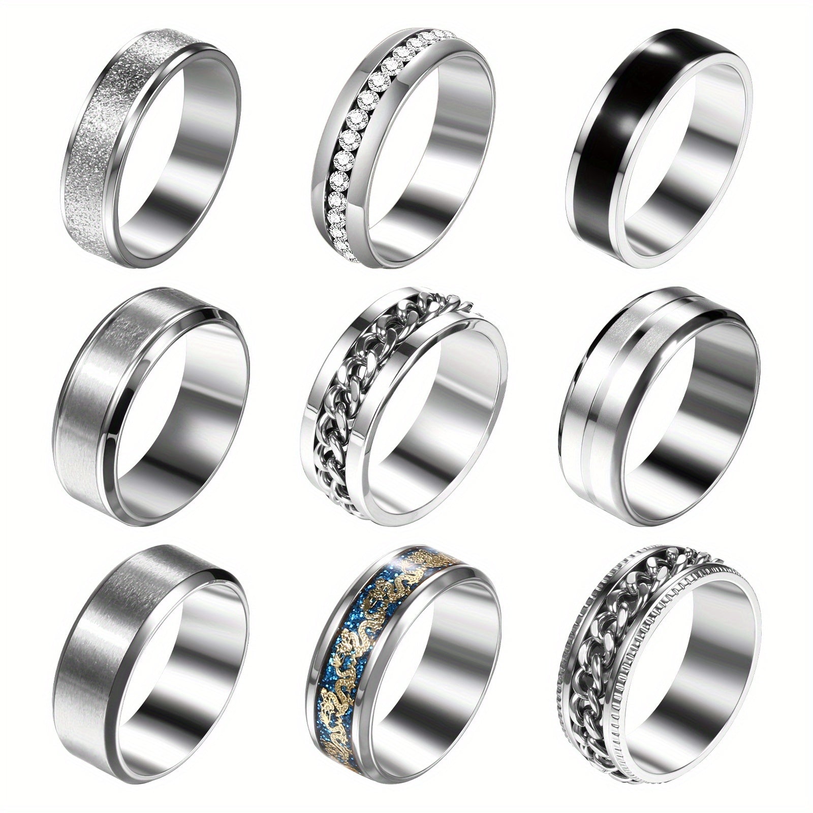 Men'S Stainless Steel Fidget Spinner Rings: Cool Rotating Ring Set - Black Omnidirectional Stainless Steel Anxiety Rings Set of 9