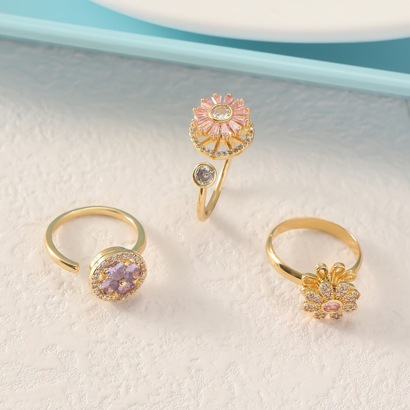 [Colorful Rotating Rings] 3pcs Colorful Rotating Rings Set with Micro Inlaid Synthetic Zirconia | Open Design, Handmade Accessories, Gifts for Friends, Girlfriends, and Couples