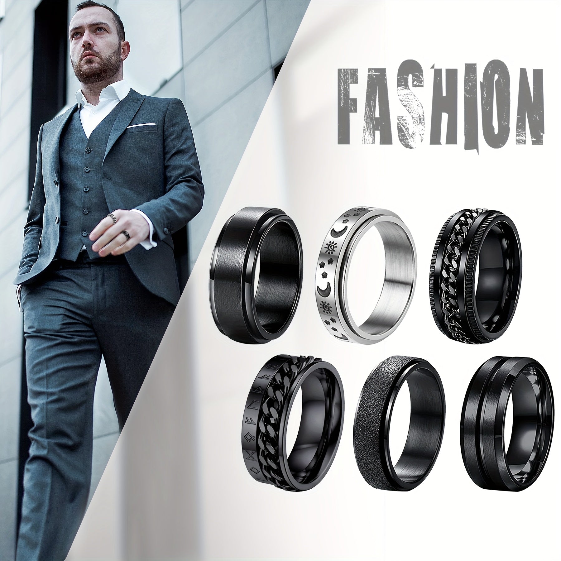 6pcs Men'S Wedding Ring Black Cool Universal Wheel Stainless Steel Anxiety Ring Set