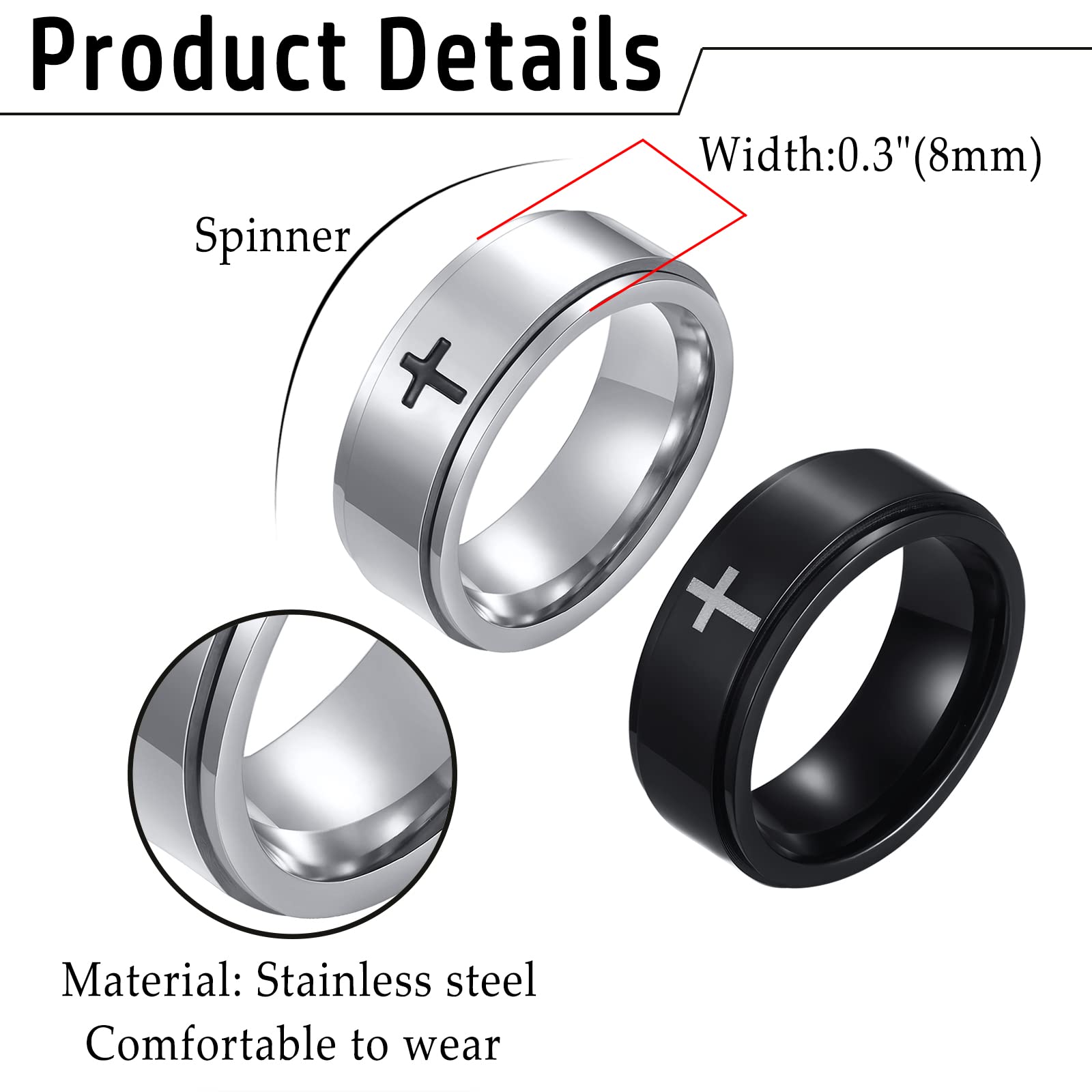 JewelryWe 2pcs Spinner Rings for Men Anxiety Stress Relieving Fidget Ring Stainless Steel Cross Wedding Promise Band, Size 7-12, Focus Aid, Calming Jewelry, Stylish Band, Minimalist Ring, Polished Finish, Durable Jewelry, Men's Ring, Men's Fashion,