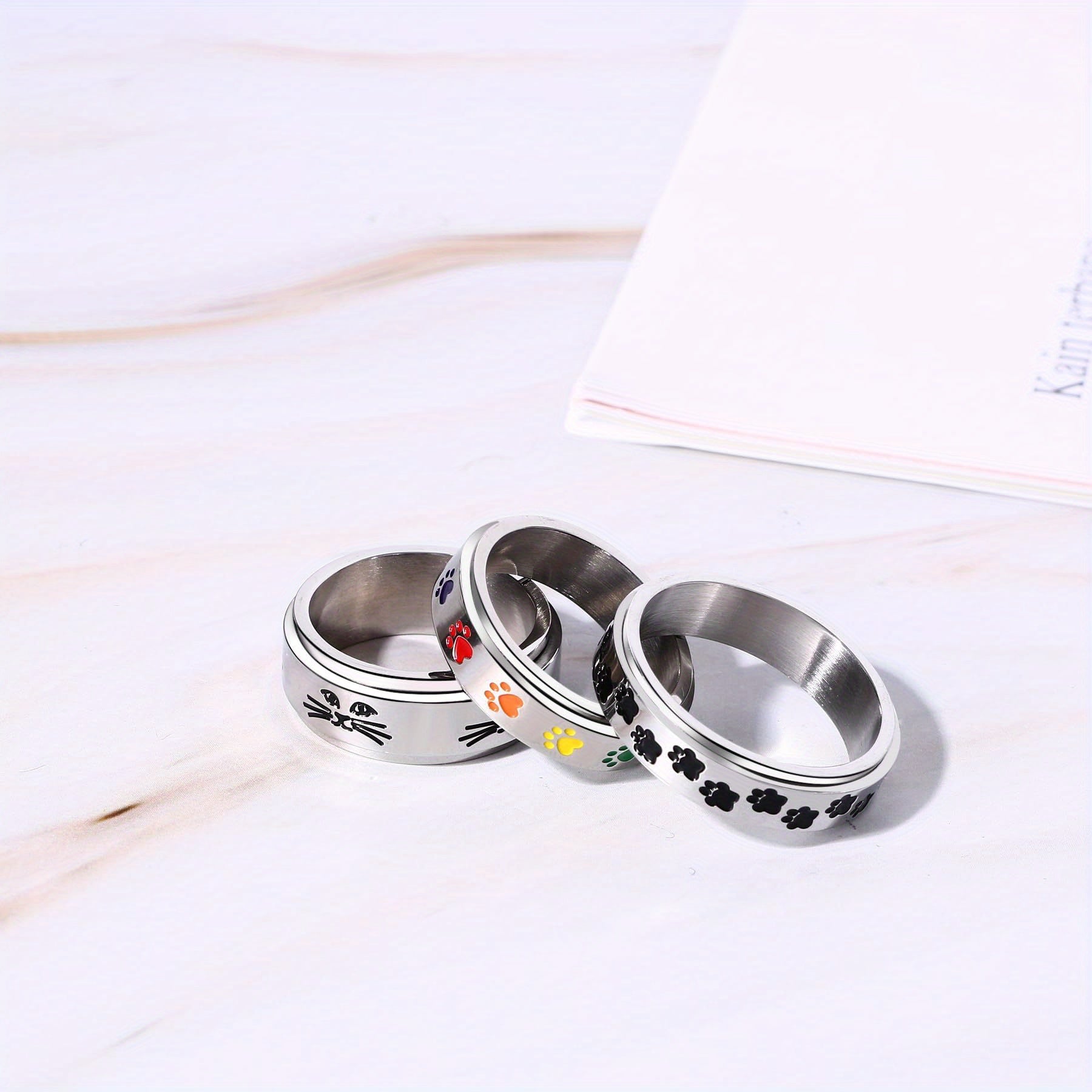 JewelryWe 3pcs Stainless Steel Spinner Ring Dog Pet Lover Paw Print Ring for Women Men Anxiety Relief Ring Dog Cat Paw Ring Pet Heart Gift for Friends Family