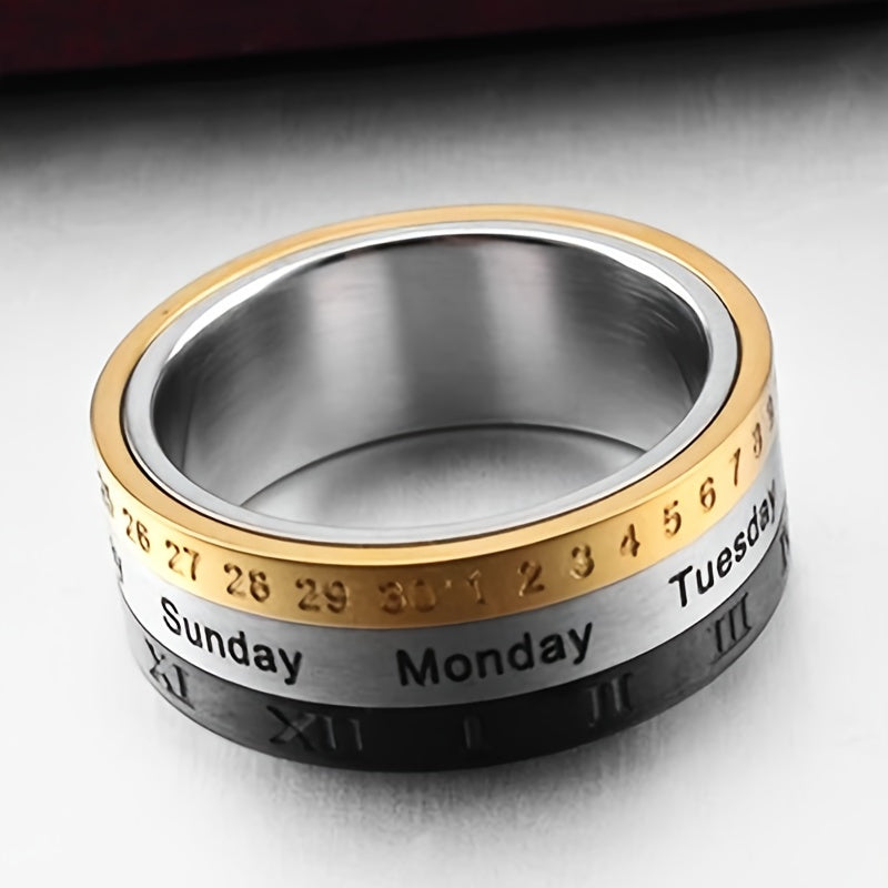 1 Titanium 304L Stainless Steel Punk Style Rotatable Date Time Calendar Ring with Roman Numerals - Black and Golden Anxiety Decompression Jewelry, Men'S Casual Dress and Holiday Gifts (Christmas, Thanksgiving, Carnival)