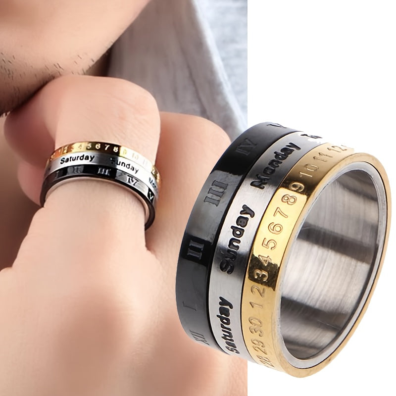 1 Titanium 304L Stainless Steel Punk Style Rotatable Date Time Calendar Ring with Roman Numerals - Black and Golden Anxiety Decompression Jewelry, Men'S Casual Dress and Holiday Gifts (Christmas, Thanksgiving, Carnival)