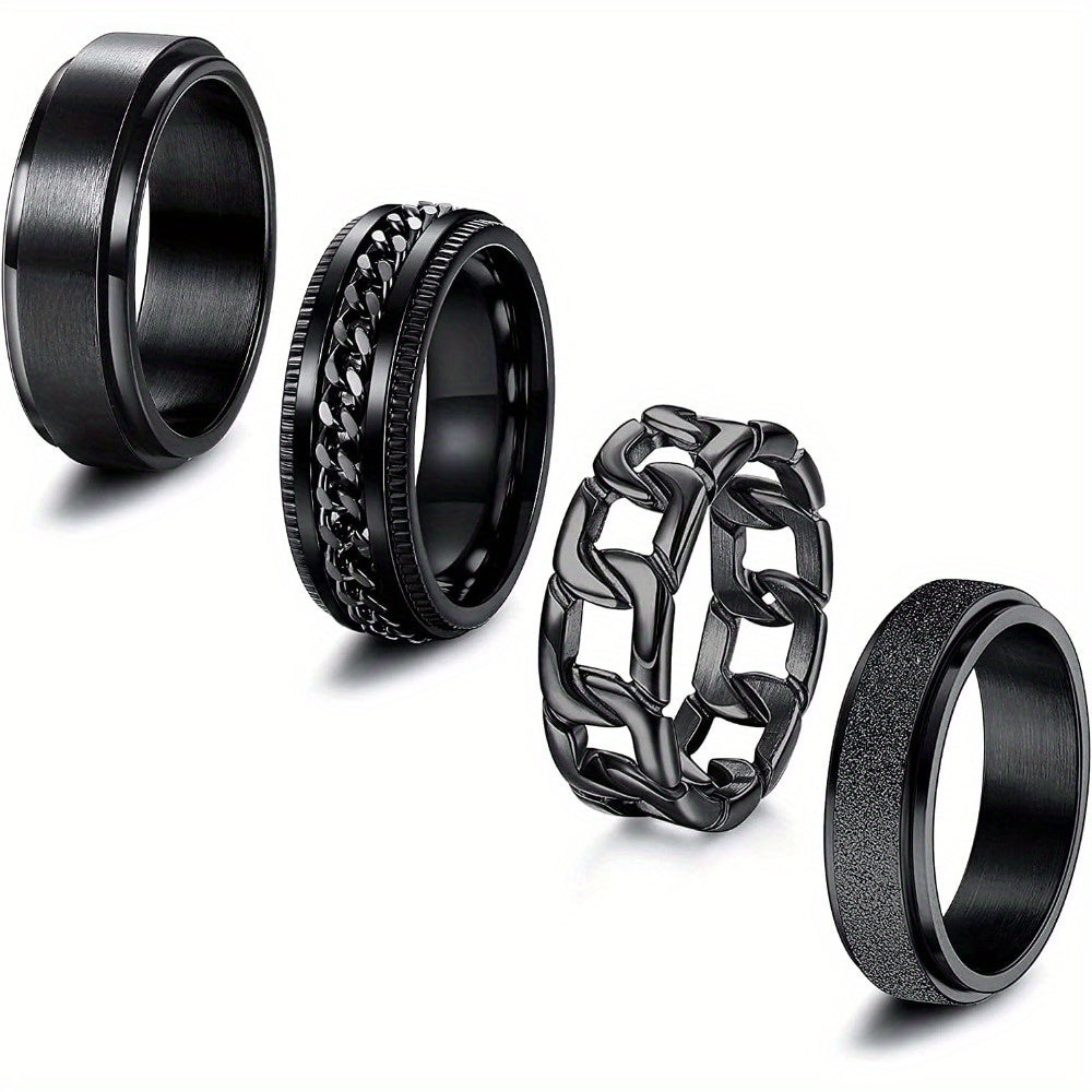 4pcs Black Spinner Rings for Men Women Fidget Rings Cool Mens Rings 316L Stainless Steel Stress Anxiety Relieving Rings Fashion Wide Wedding Promise Band Ring Set