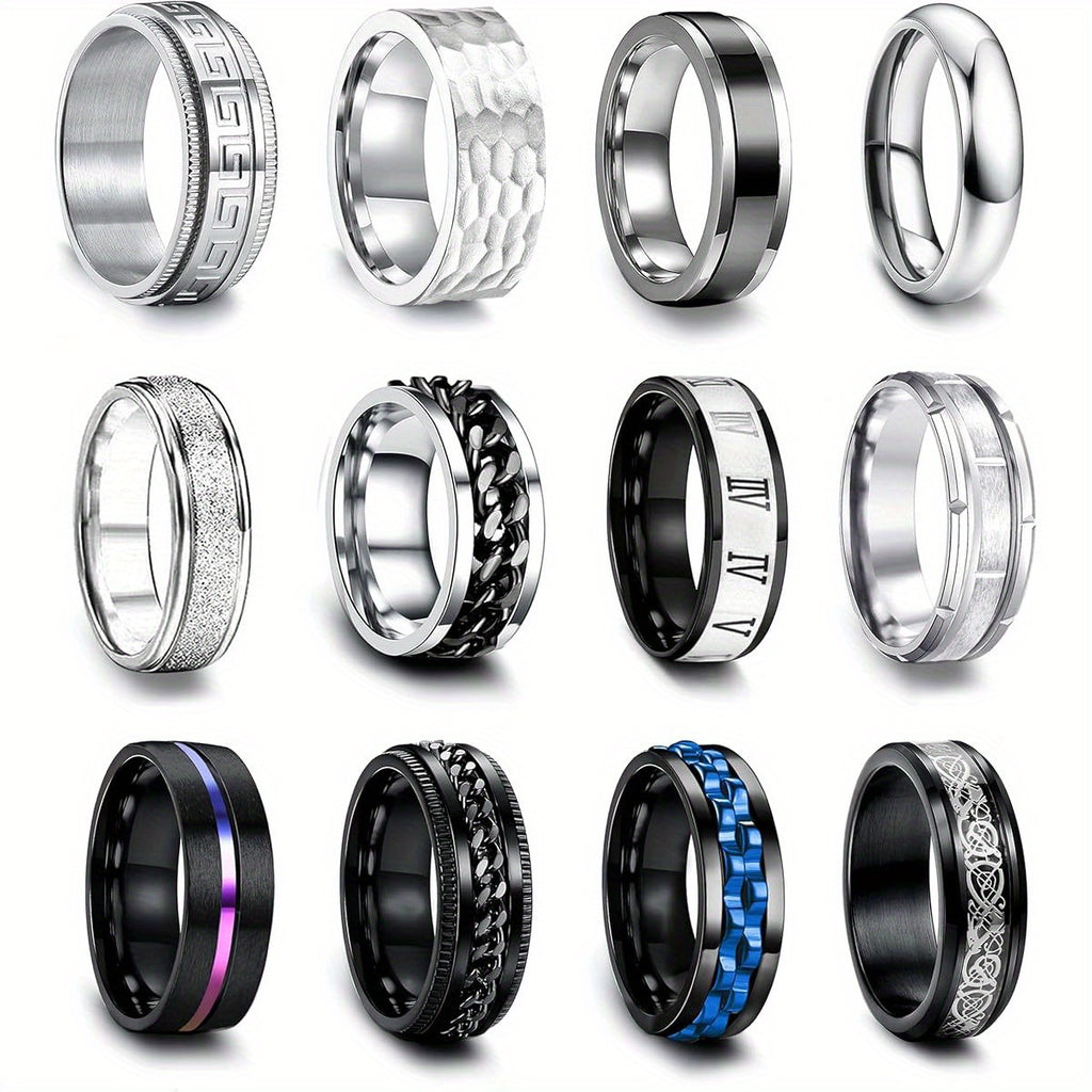 EIELO 12pcs Stainless Steel Band Rings for Men & Women - Cool Fidget Spinning Chain Ring, Anxiety Relief, Fashion Simple Wedding Engagement Ring Set, Durable & Stylish Design, Wedding Rings, Minimalist Jewelry, Polished Finish, Highquality Metal, Jewelry