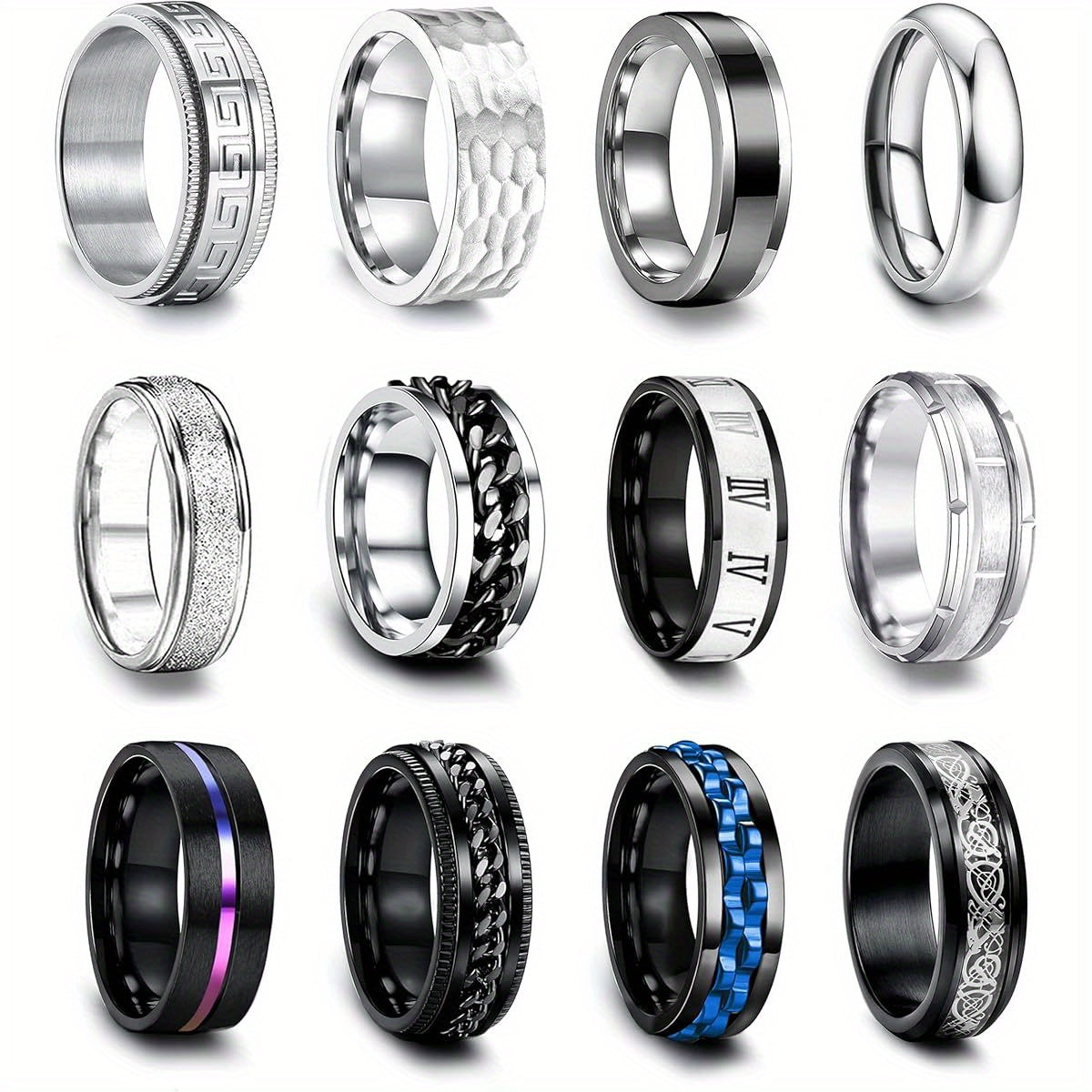 EIELO 12pcs Stainless Steel Band Rings for Men & Women - Cool Fidget Spinning Chain Ring, Anxiety Relief, Fashion Simple Wedding Engagement Ring Set, Durable & Stylish Design, Wedding Rings, Minimalist Jewelry, Polished Finish, Highquality Metal, Jewelry