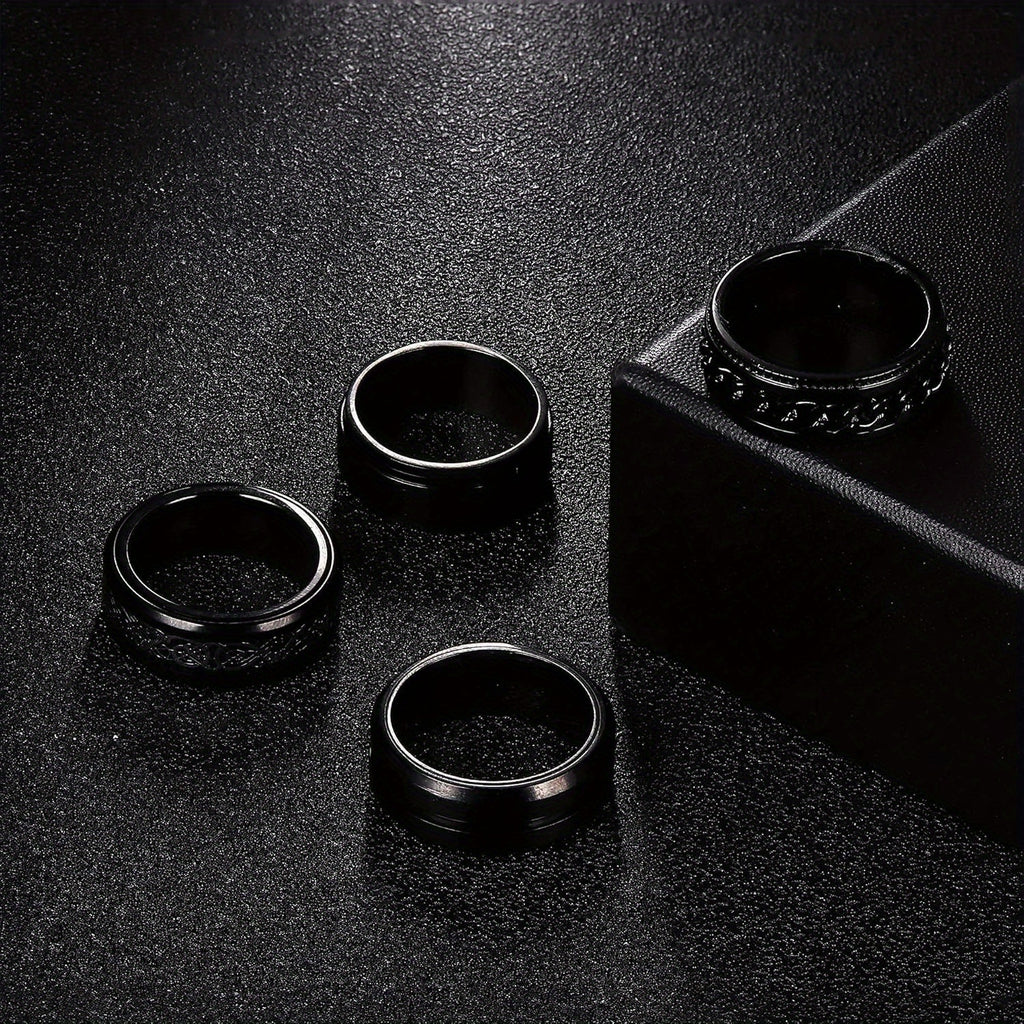 4pcs Black Spinner Rings for Men Women Fidget Rings Cool Mens Rings 316L Stainless Steel Stress Anxiety Relieving Rings Fashion Wide Wedding Promise Band Ring Set