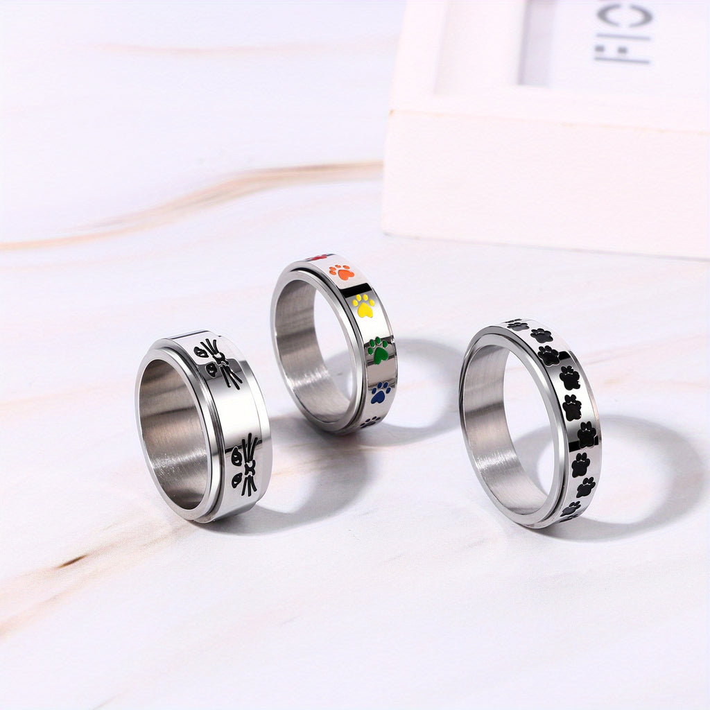 JewelryWe 3pcs Stainless Steel Spinner Ring Dog Pet Lover Paw Print Ring for Women Men Anxiety Relief Ring Dog Cat Paw Ring Pet Heart Gift for Friends Family
