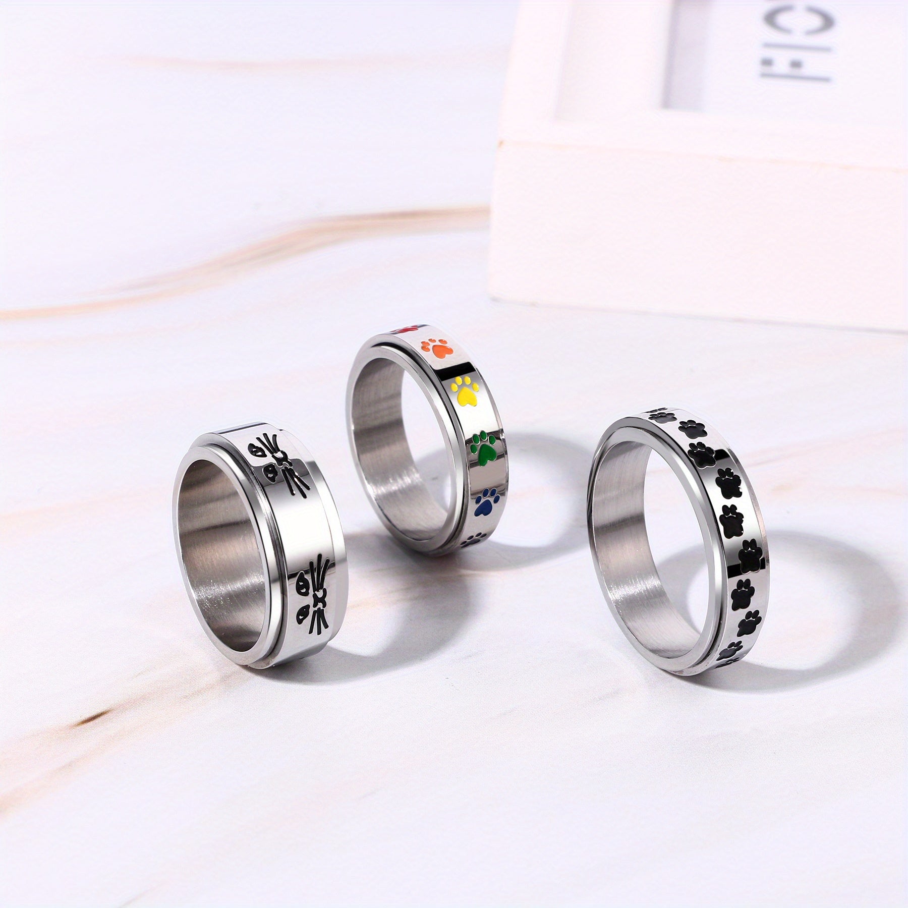 JewelryWe 3pcs Stainless Steel Spinner Ring Dog Pet Lover Paw Print Ring for Women Men Anxiety Relief Ring Dog Cat Paw Ring Pet Heart Gift for Friends Family