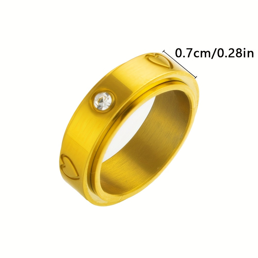 1 Simple Style Rotatable Heart-Inlaid Synthetic Zirconia 304 Stainless Steel Ring, Suitable for All Seasons Gift, for Teenager