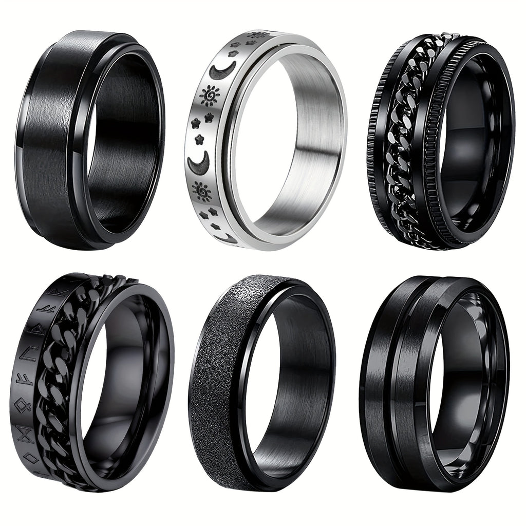 6pcs Men'S Wedding Ring Black Cool Universal Wheel Stainless Steel Anxiety Ring Set