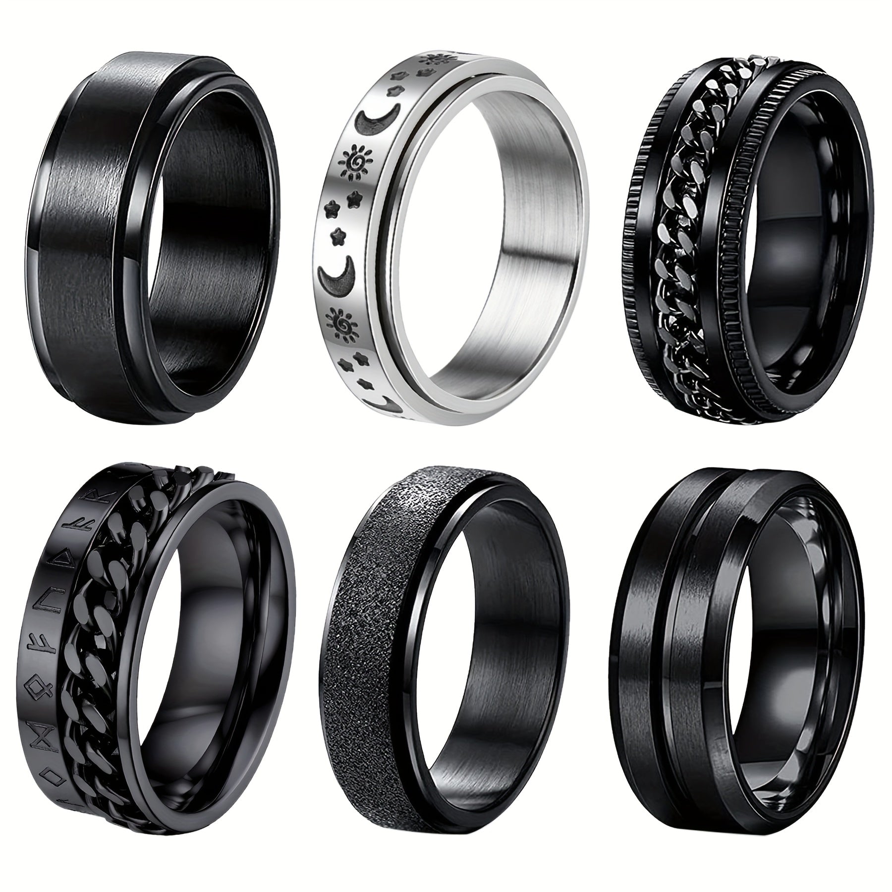 6pcs Men'S Wedding Ring Black Cool Universal Wheel Stainless Steel Anxiety Ring Set